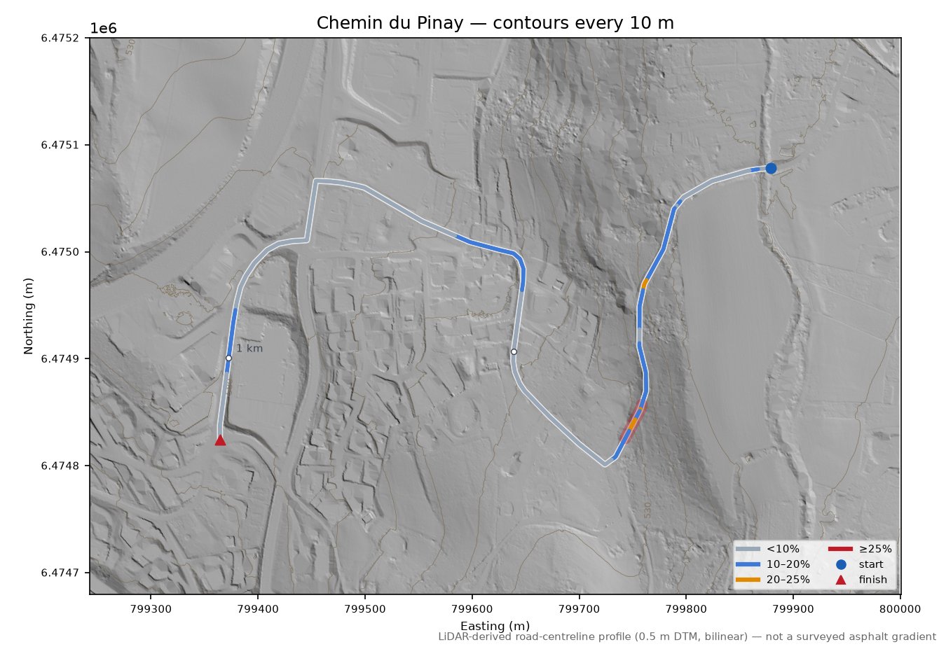Chemin du Pinay LiDAR hillshade map with contours