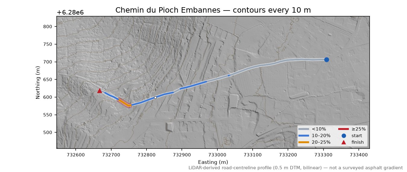 Chemin du Pioch Embannes LiDAR hillshade map with contours