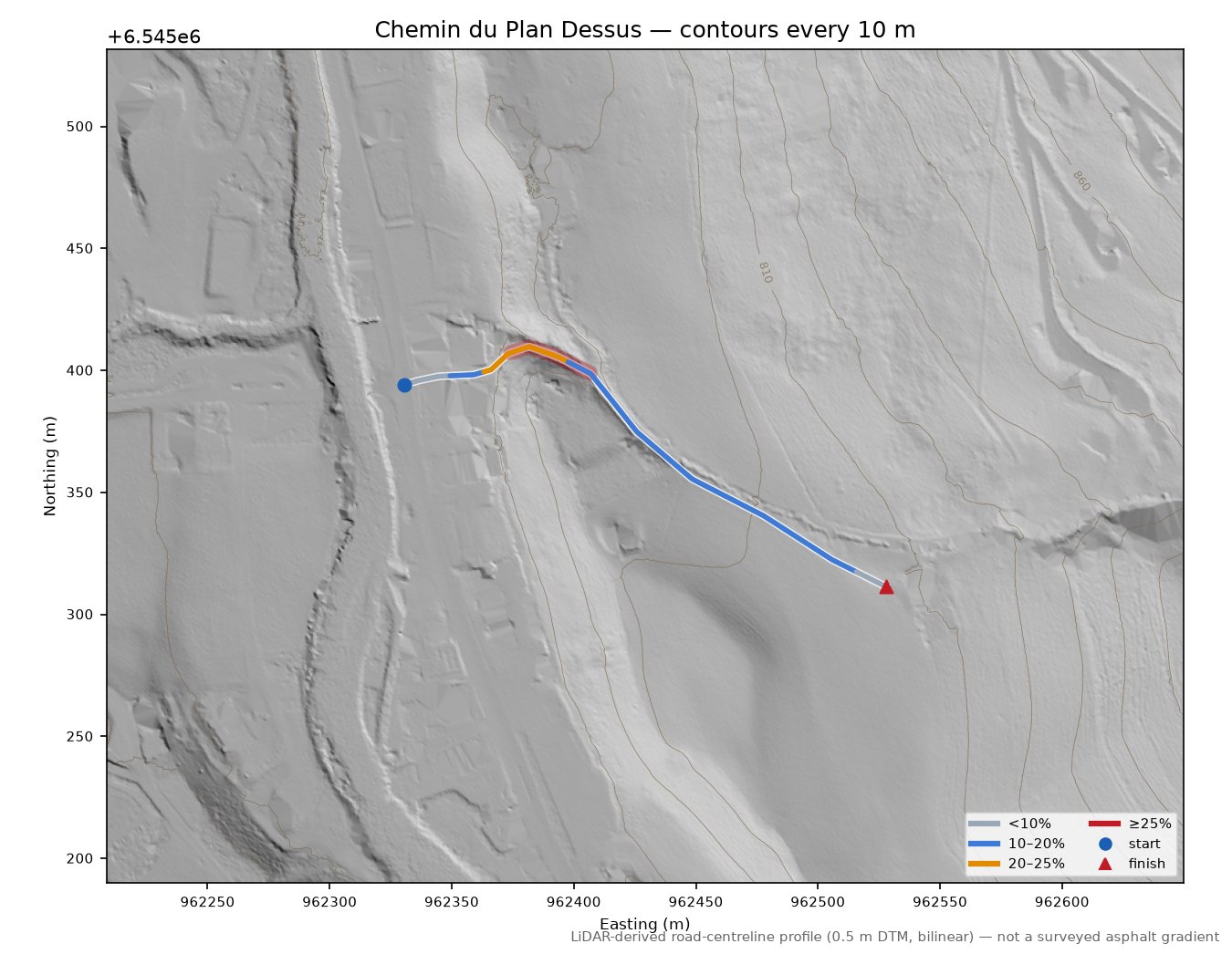 Chemin du Plan Dessus LiDAR hillshade map with contours