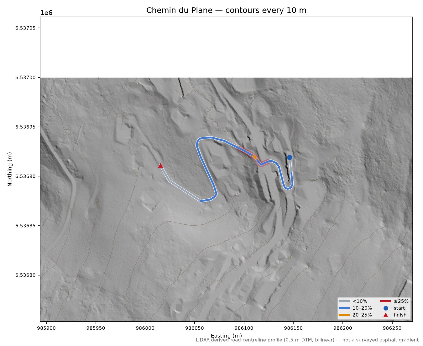 Chemin du Plane LiDAR hillshade map with contours