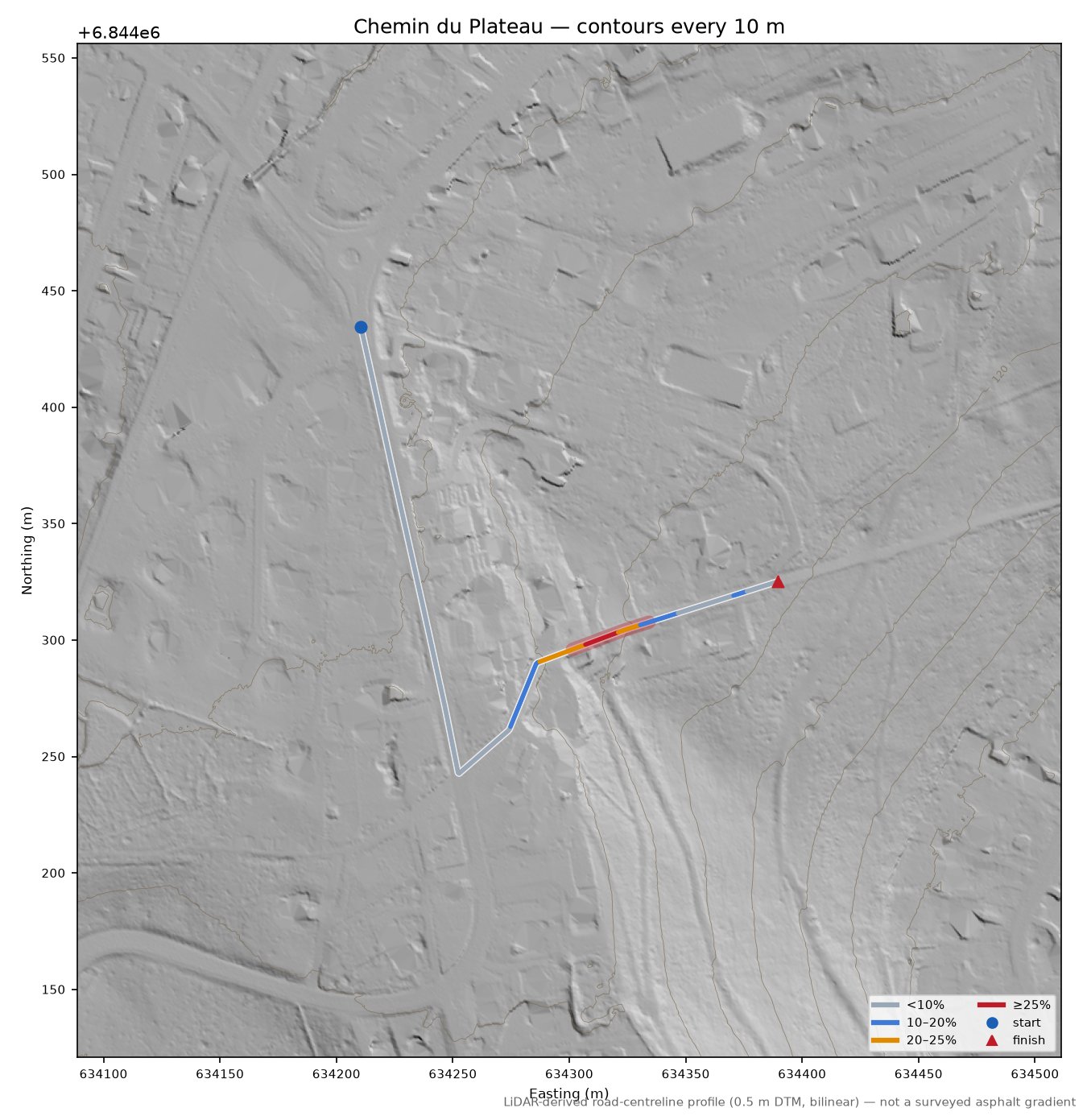 Chemin du Plateau LiDAR hillshade map with contours