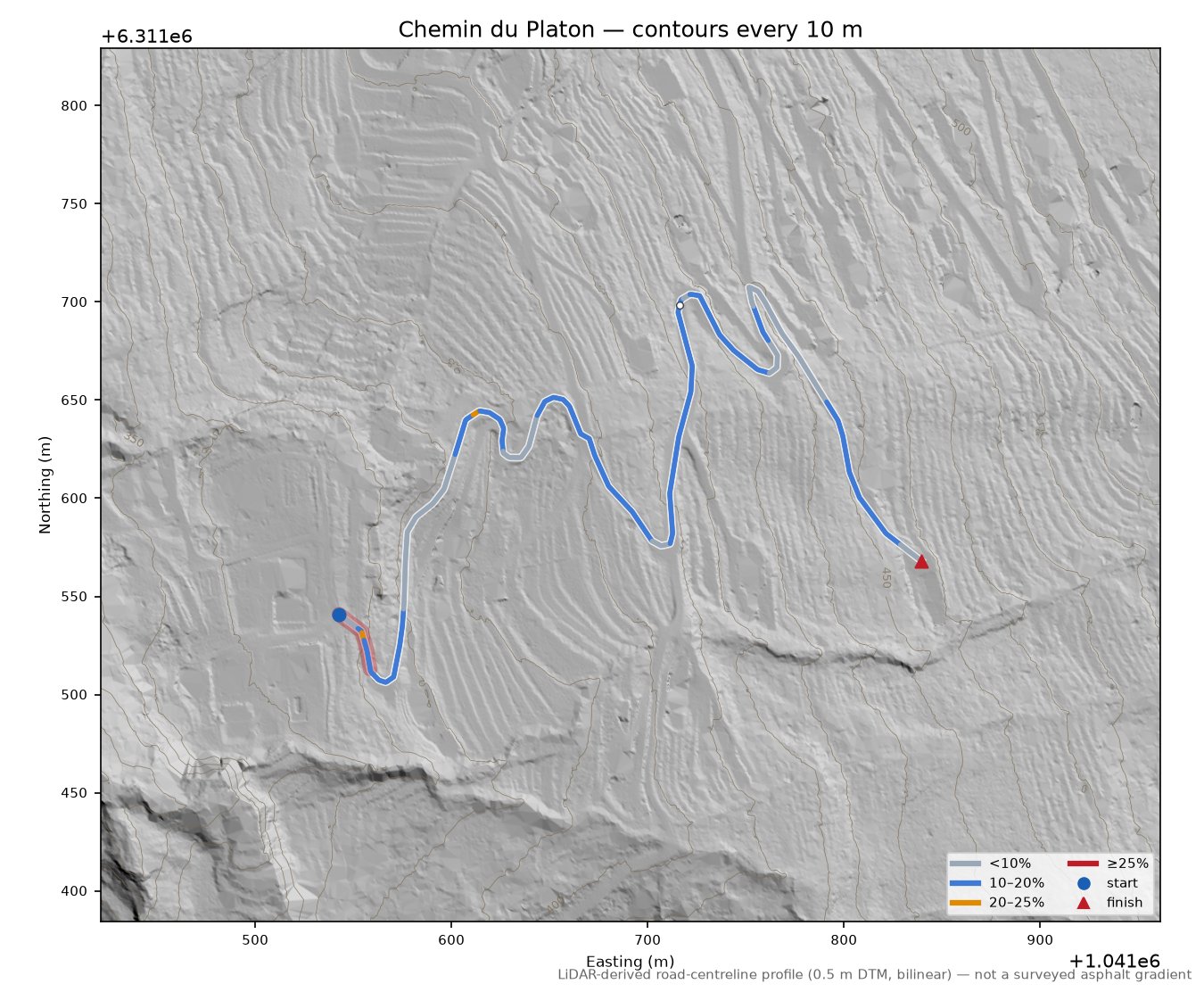 Chemin du Platon LiDAR hillshade map with contours