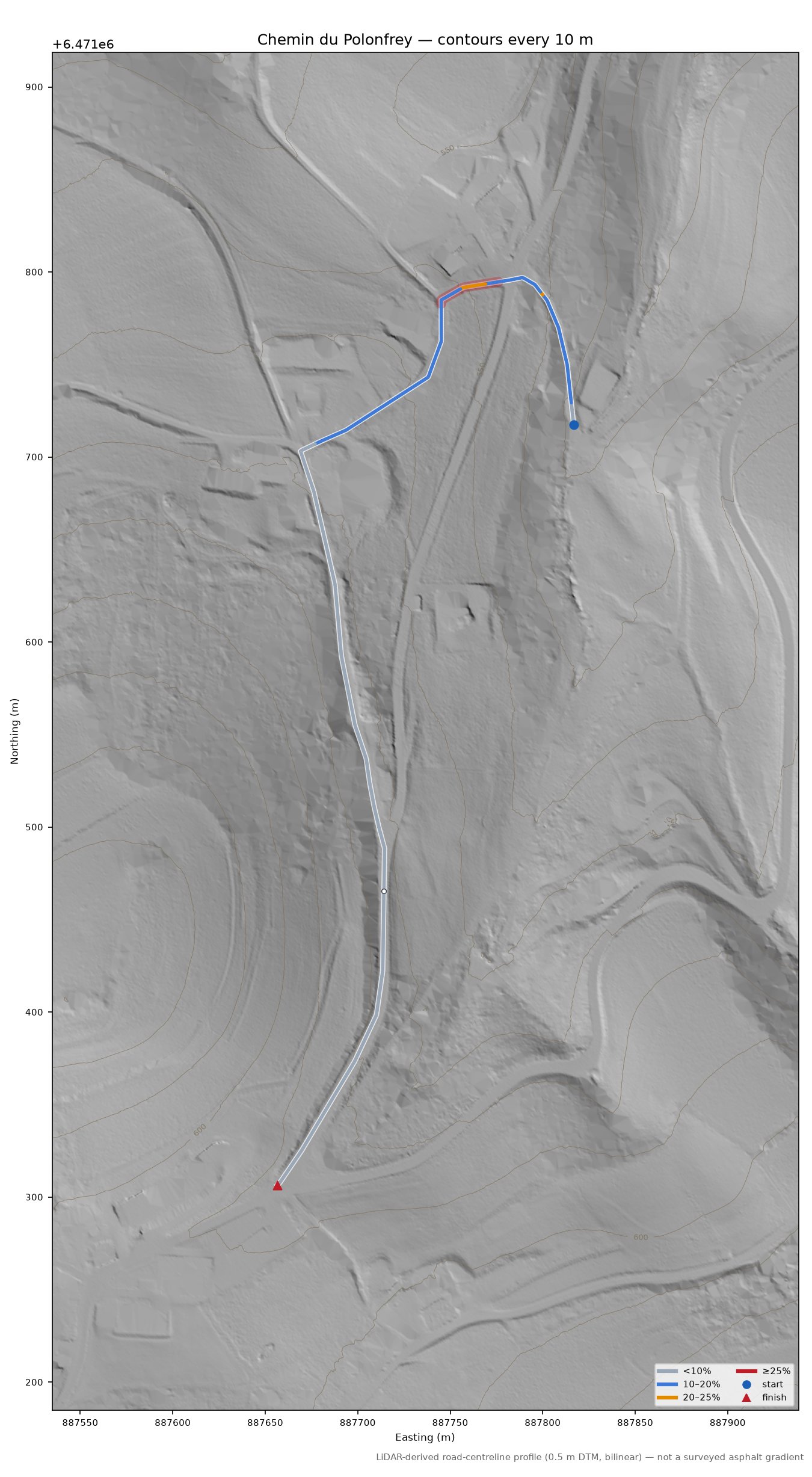 Chemin du Polonfrey LiDAR hillshade map with contours
