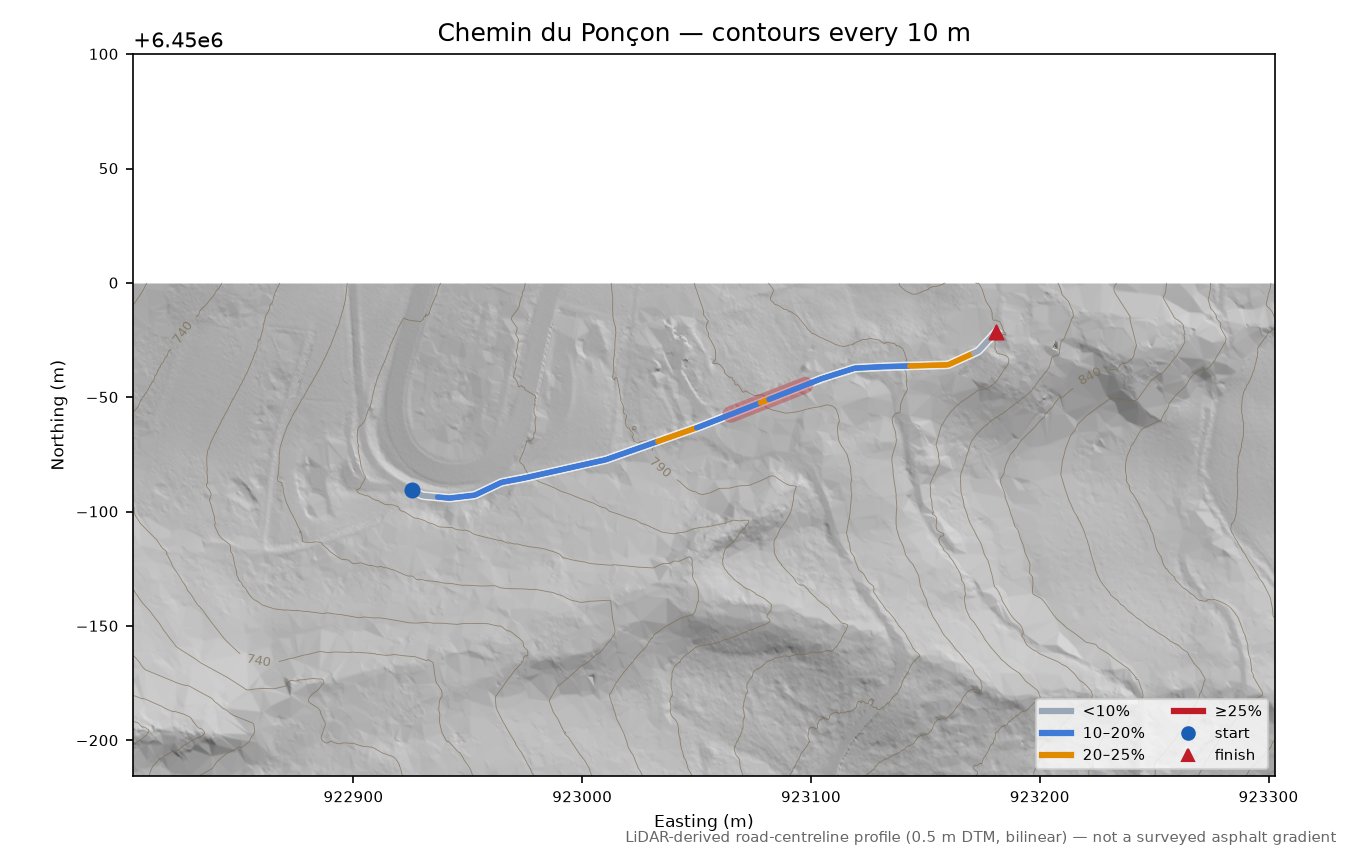 Chemin du Ponçon LiDAR hillshade map with contours