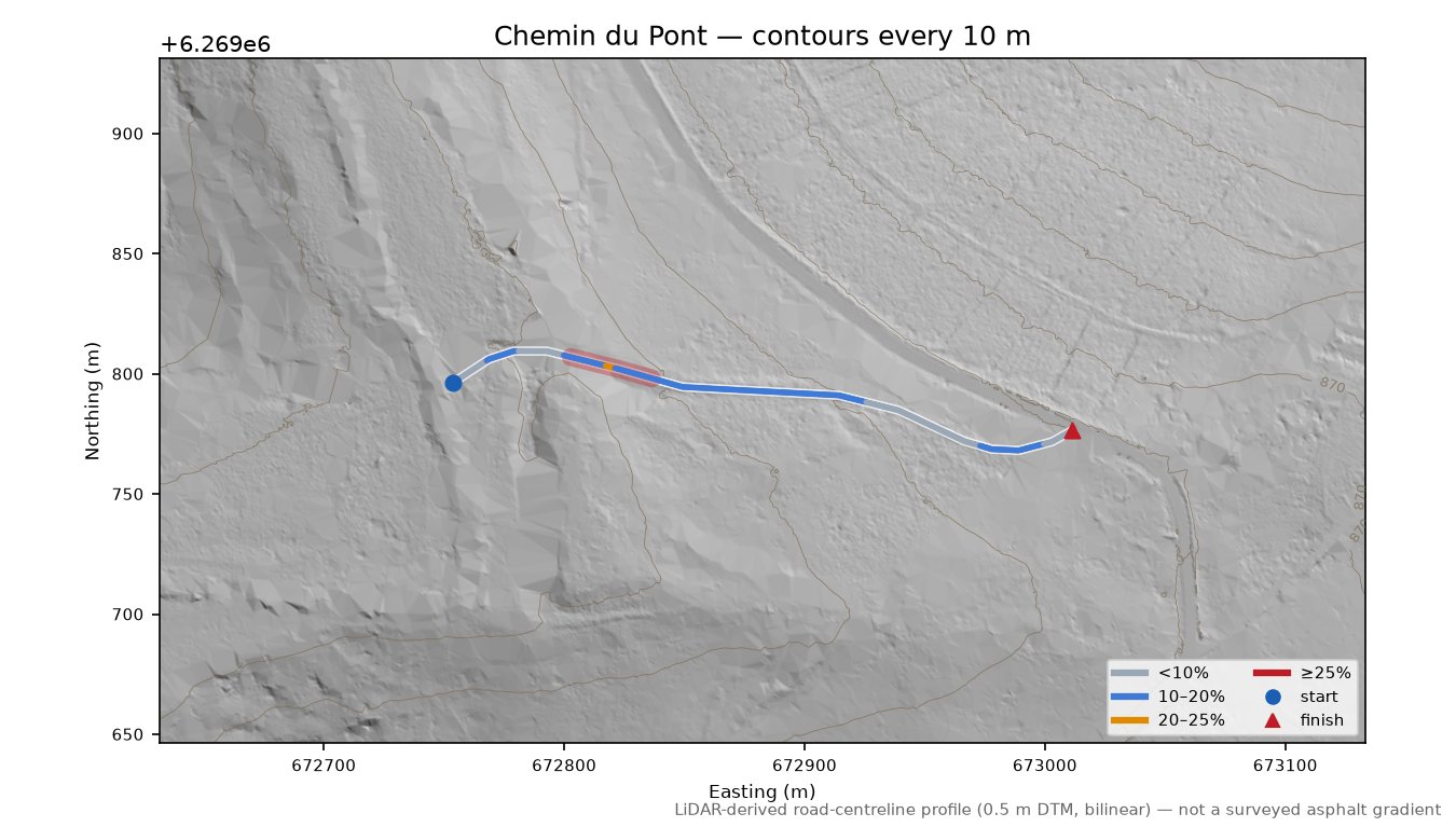 Chemin du Pont LiDAR hillshade map with contours