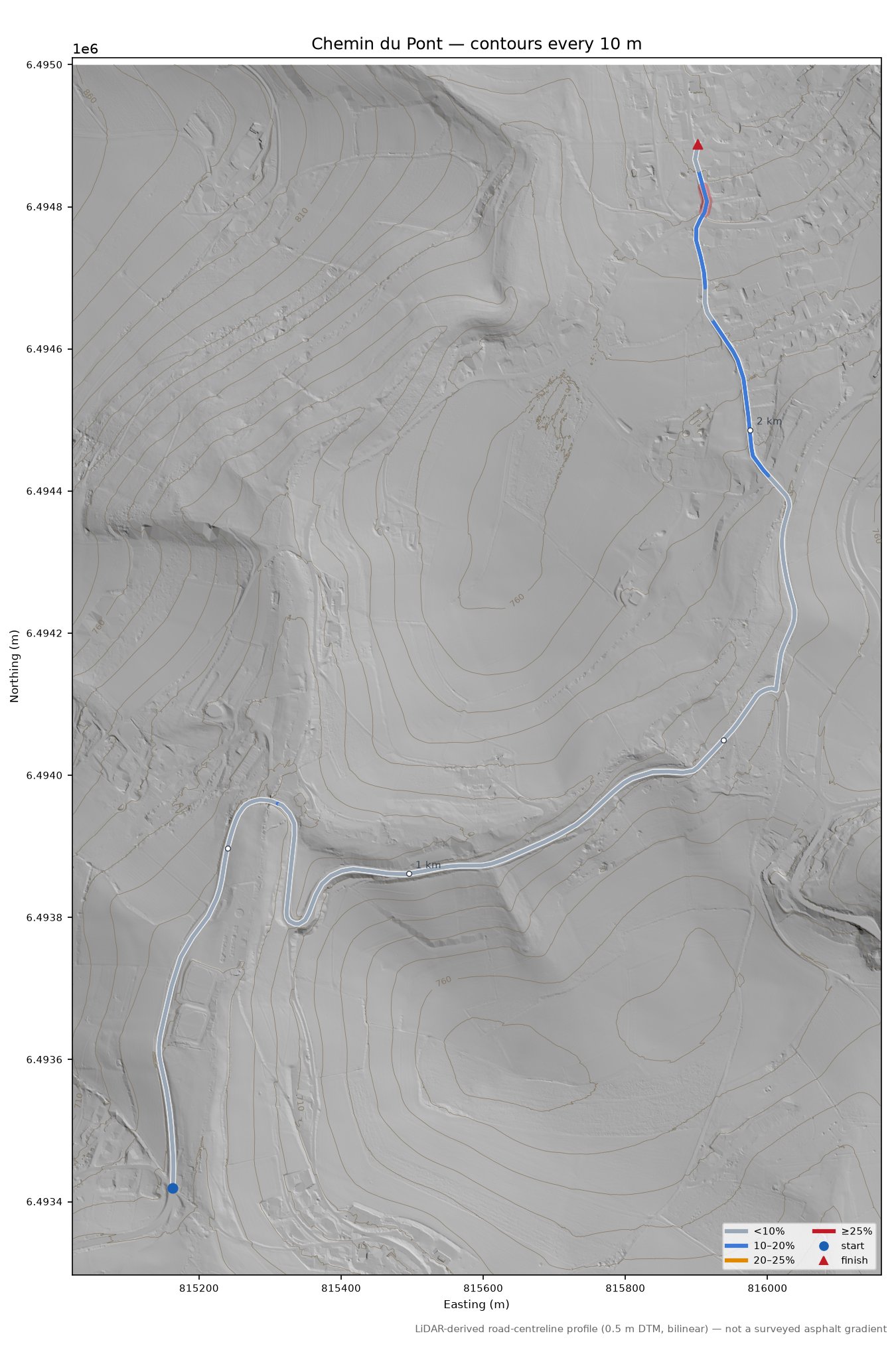 Chemin du Pont LiDAR hillshade map with contours