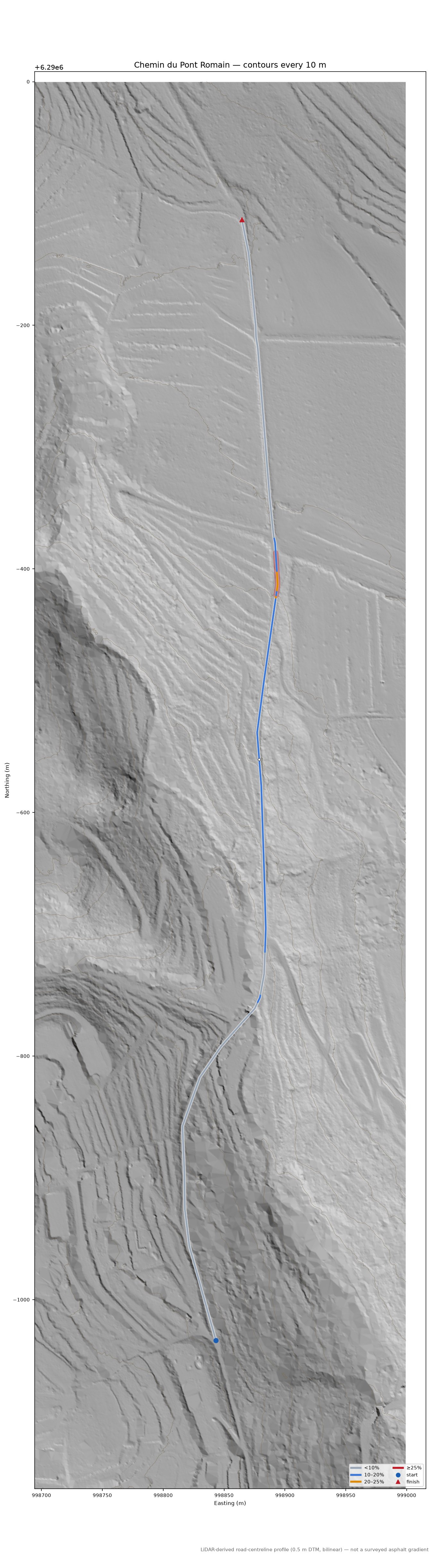 Chemin du Pont Romain LiDAR hillshade map with contours