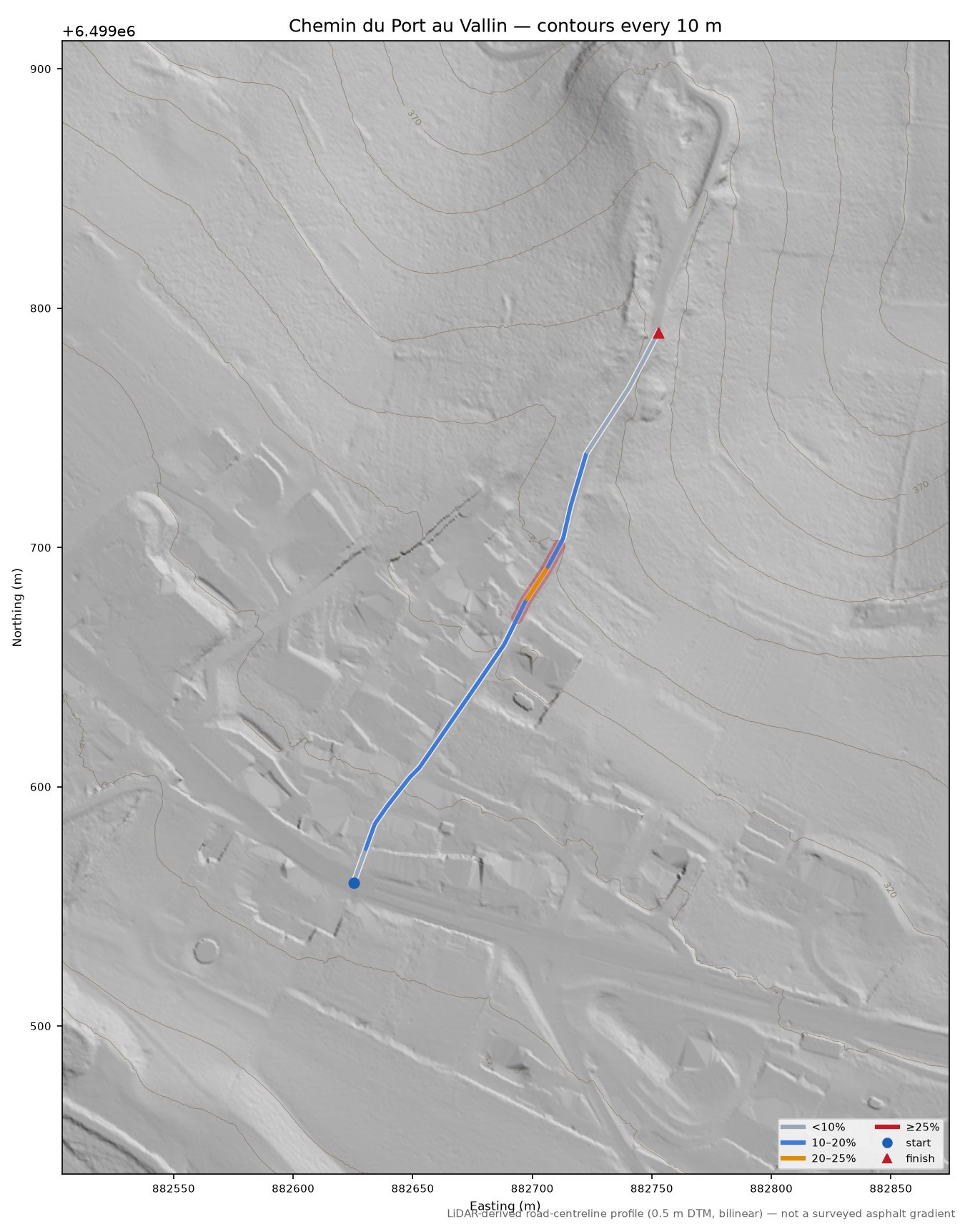 Chemin du Port au Vallin LiDAR hillshade map with contours