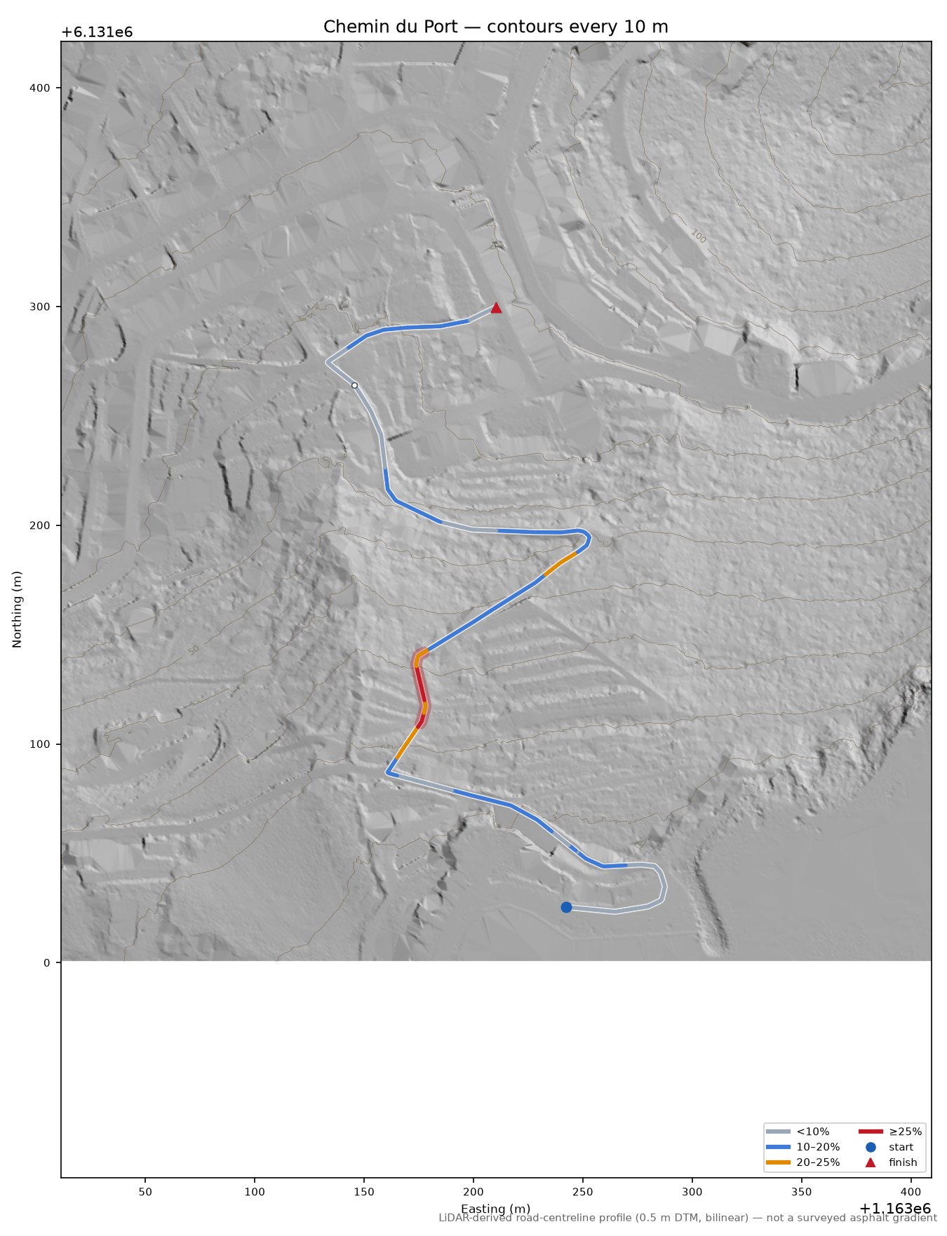 Chemin du Port LiDAR hillshade map with contours