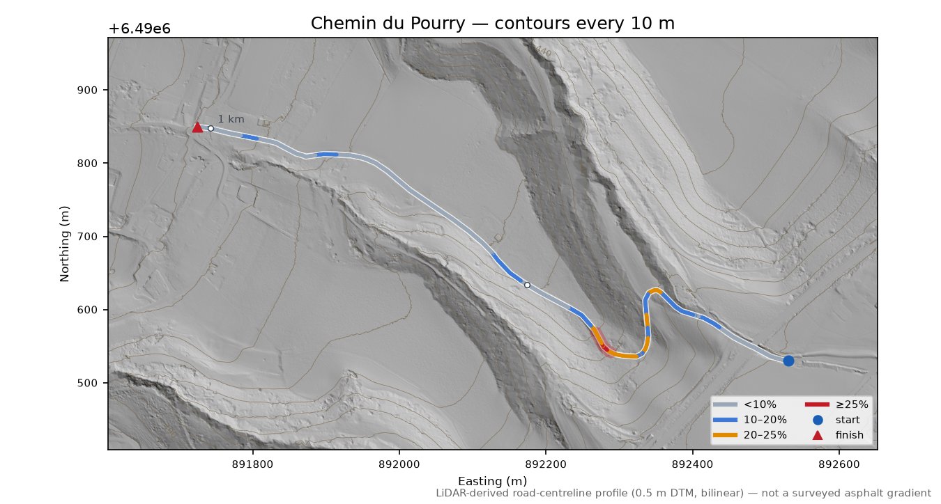 Chemin du Pourry LiDAR hillshade map with contours