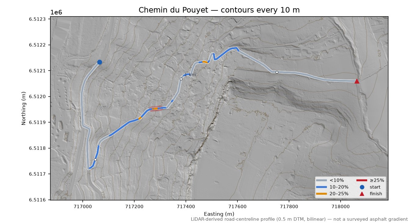 Chemin du Pouyet LiDAR hillshade map with contours