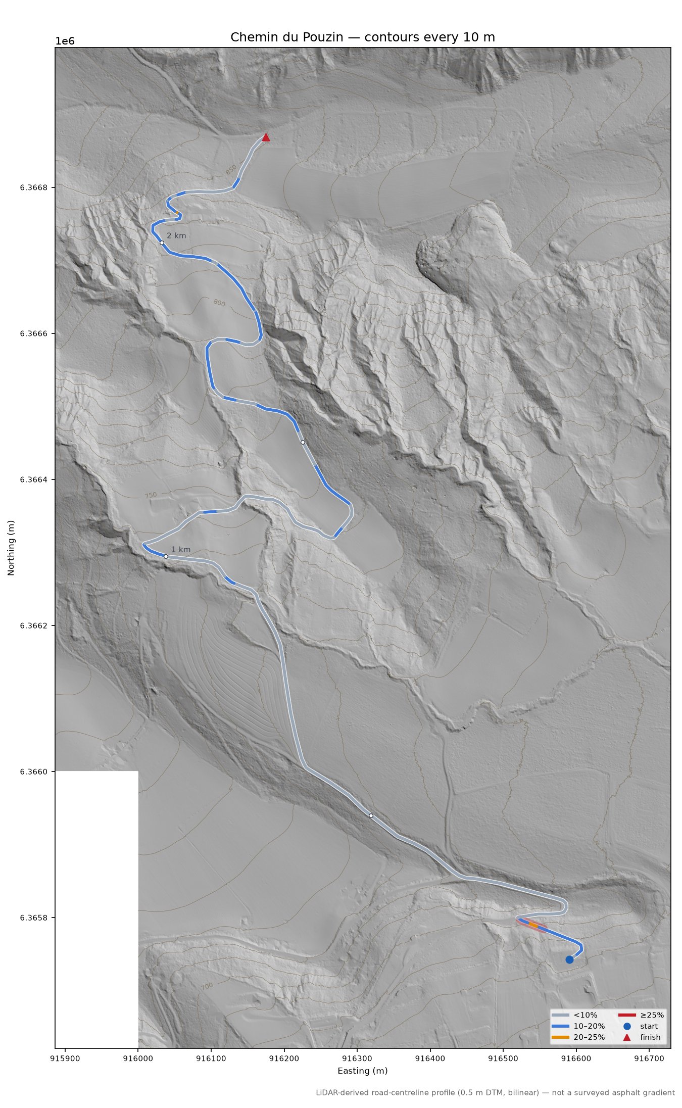 Chemin du Pouzin LiDAR hillshade map with contours