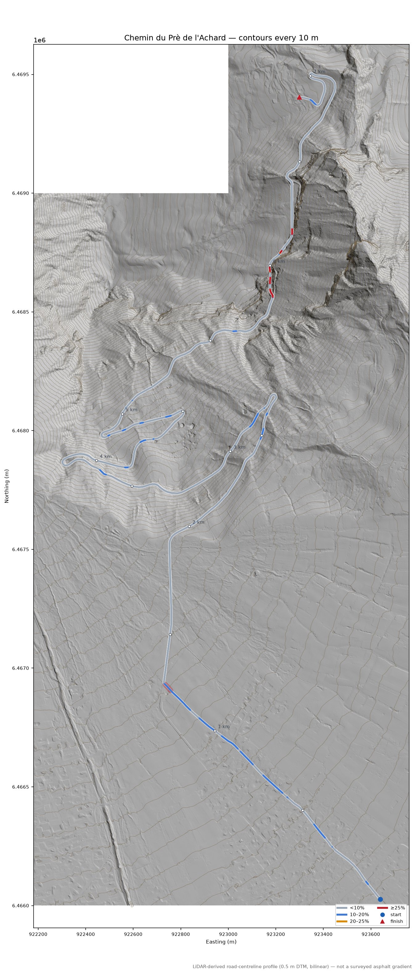 Chemin du Prè de l'Achard LiDAR hillshade map with contours