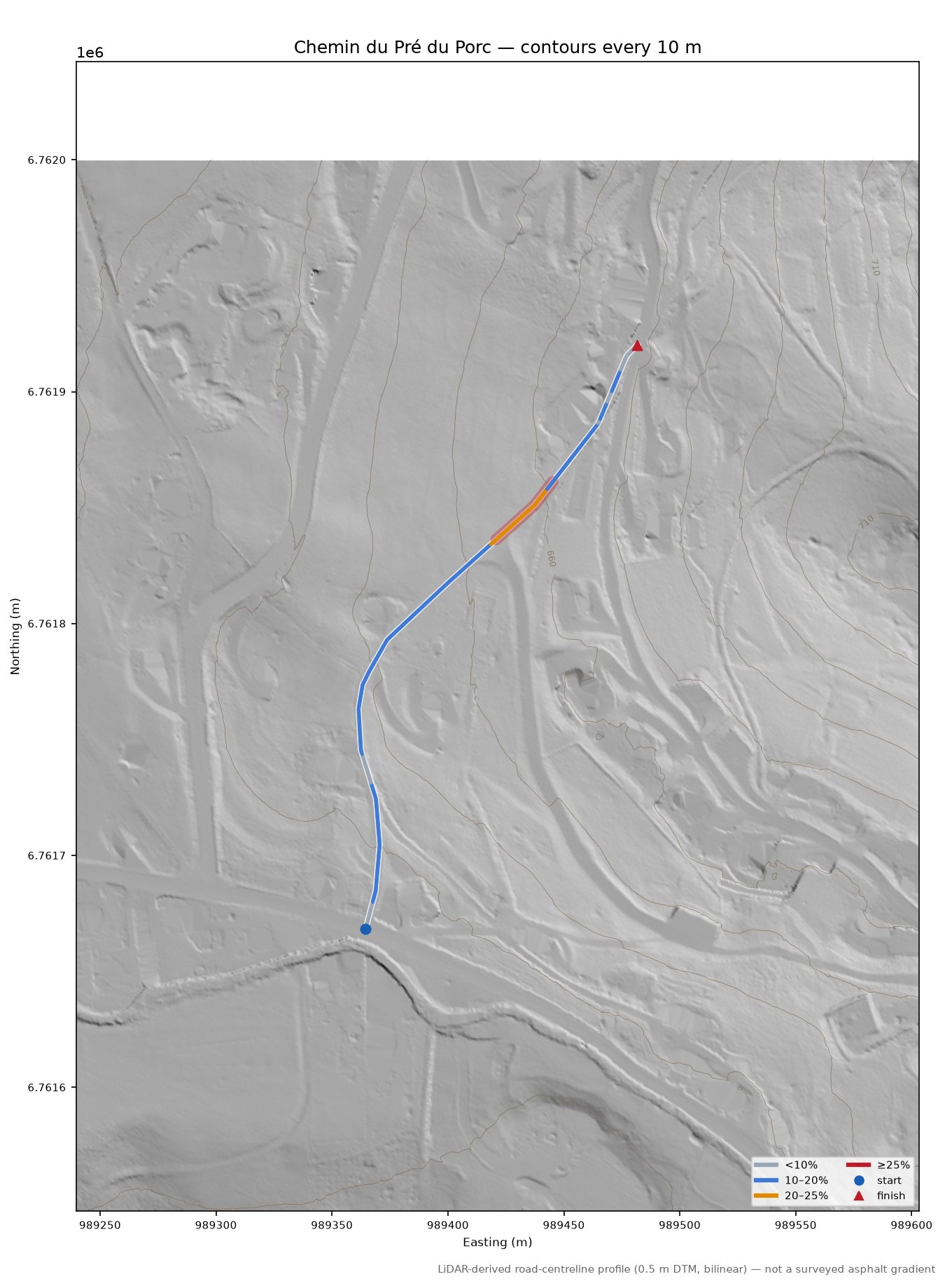 Chemin du Pré du Porc LiDAR hillshade map with contours