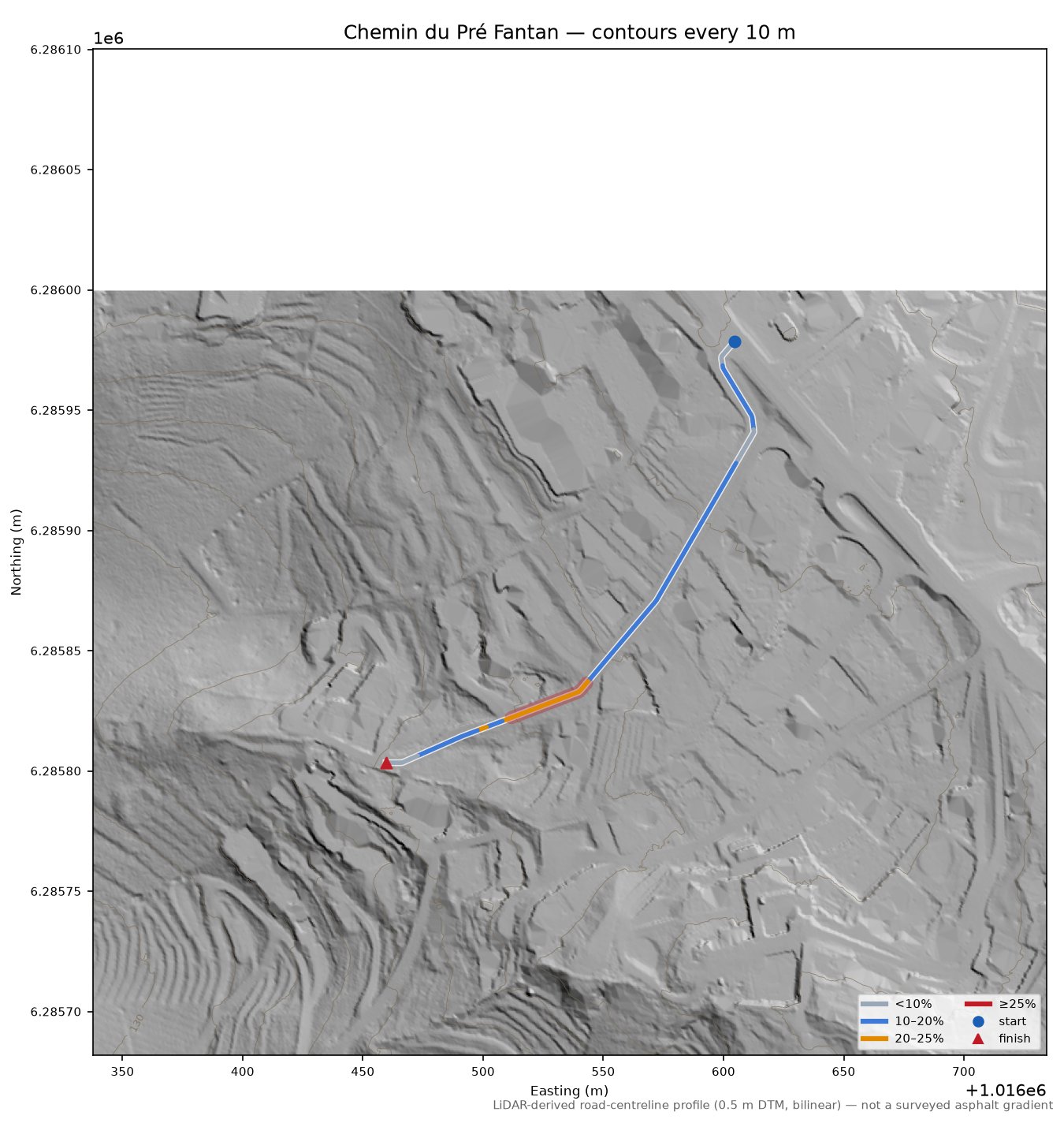 Chemin du Pré Fantan LiDAR hillshade map with contours