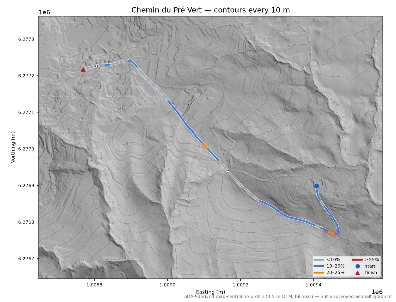 Chemin du Pré Vert LiDAR hillshade map with contours