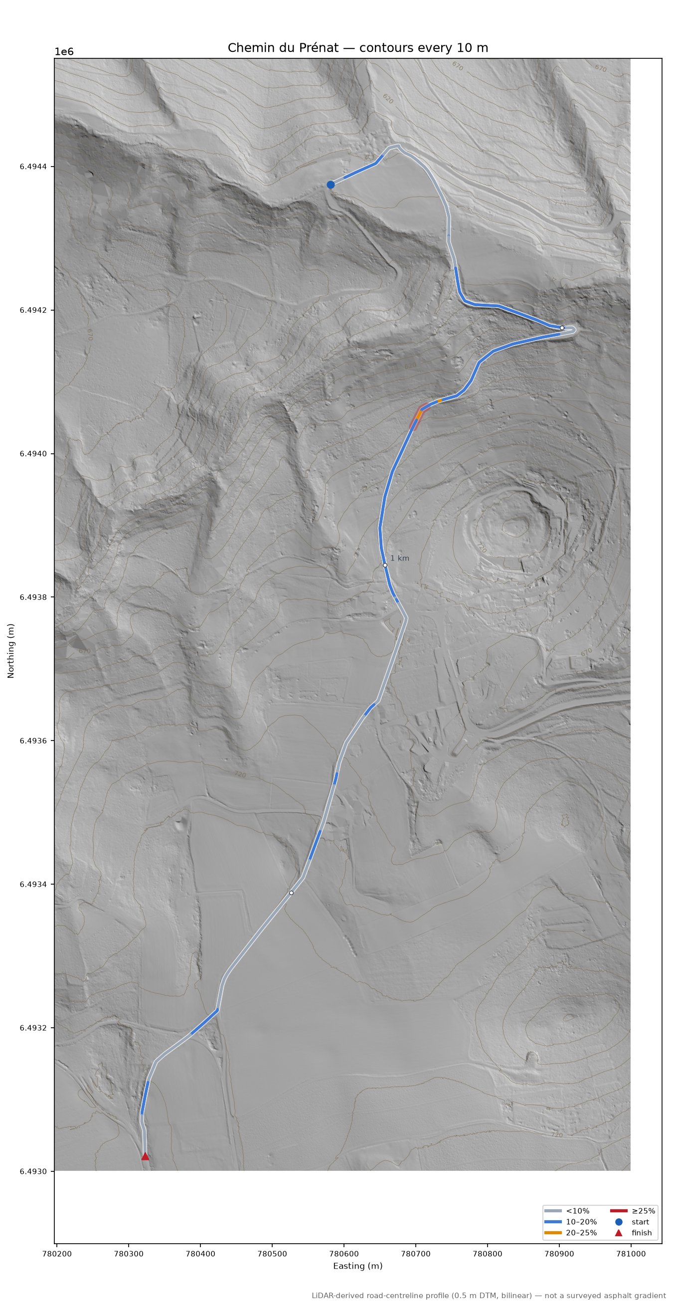 Chemin du Prénat LiDAR hillshade map with contours