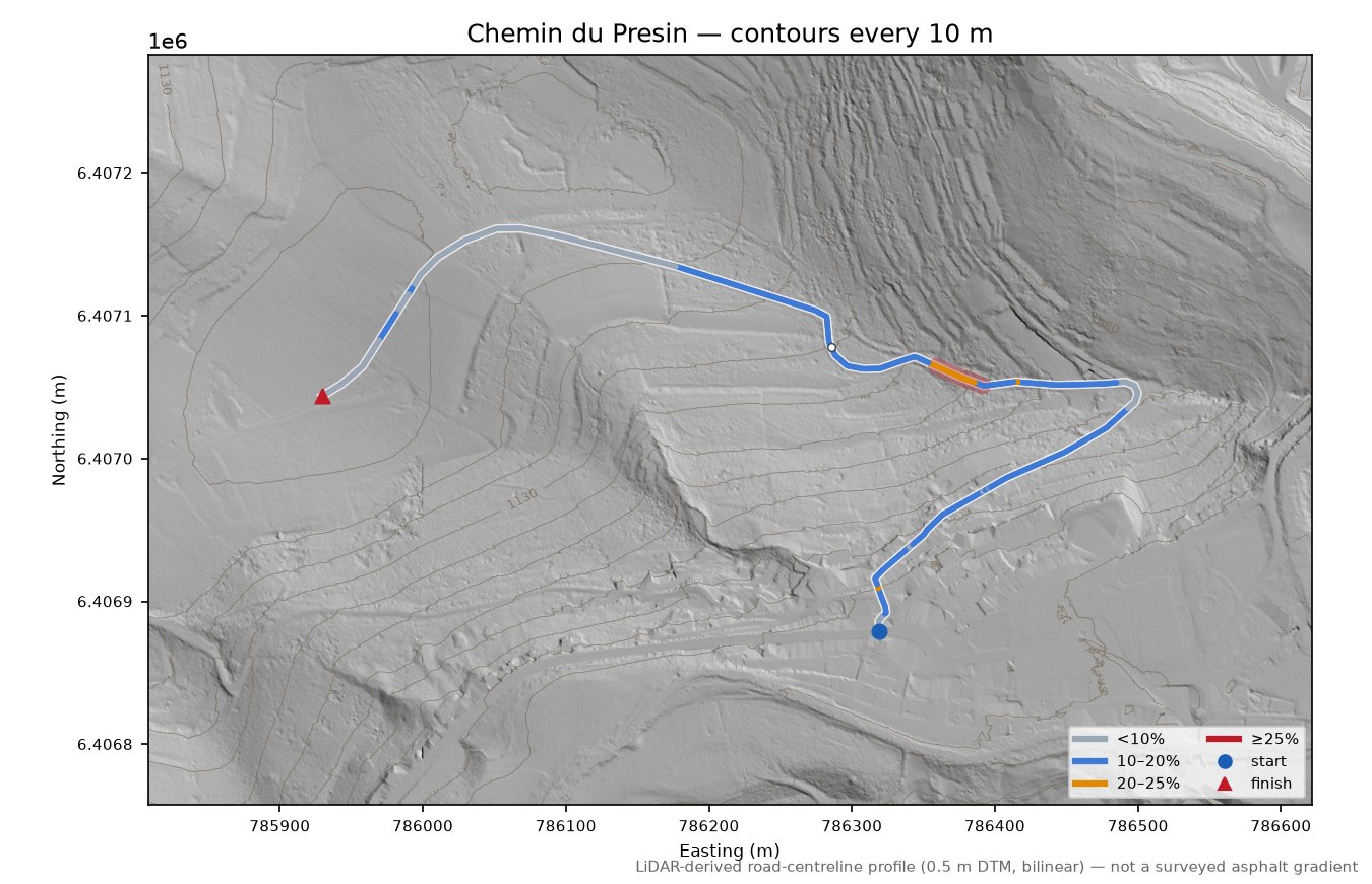 Chemin du Presin LiDAR hillshade map with contours