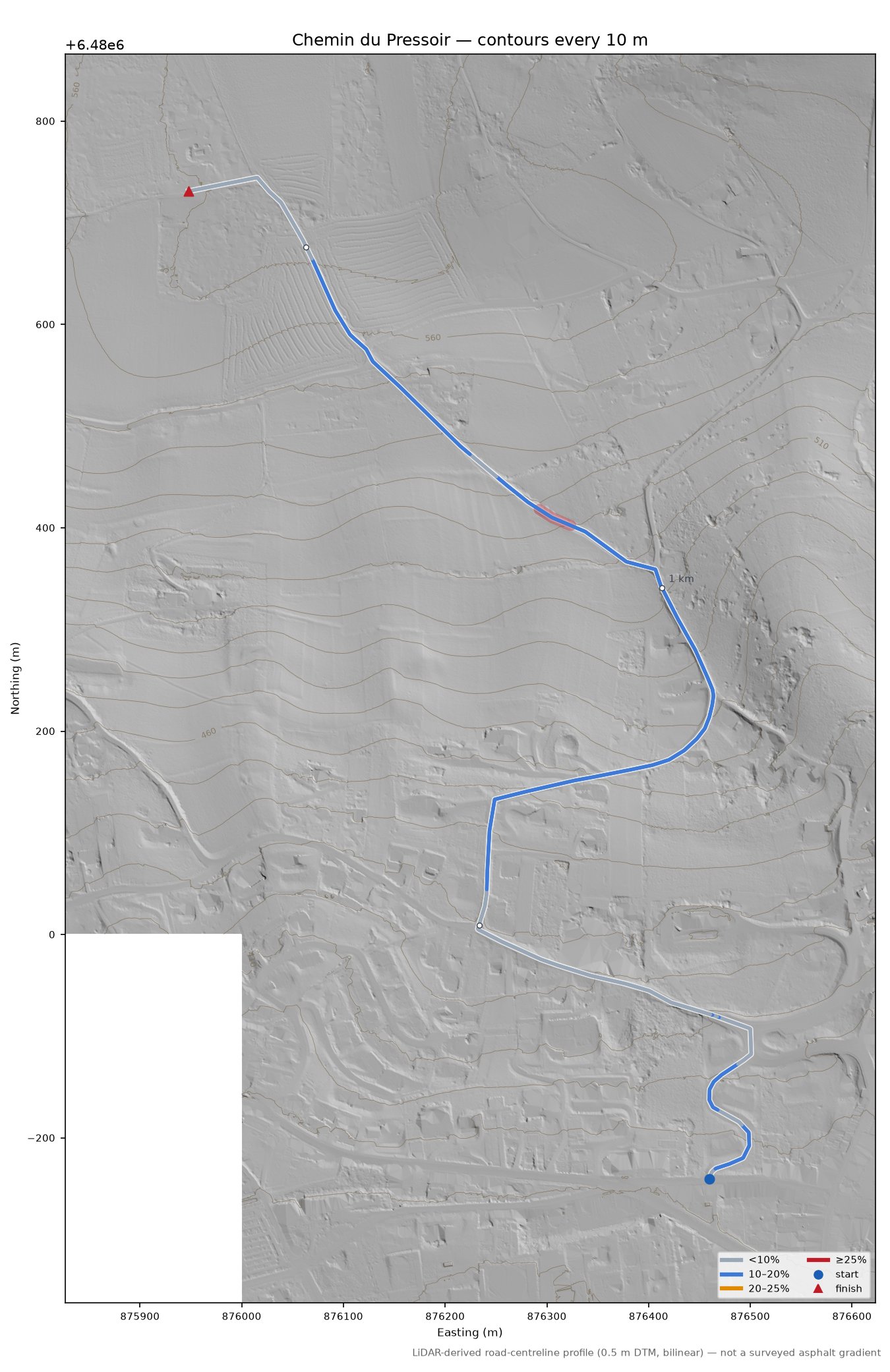 Chemin du Pressoir LiDAR hillshade map with contours