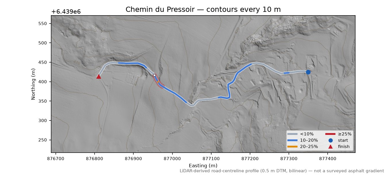 Chemin du Pressoir LiDAR hillshade map with contours