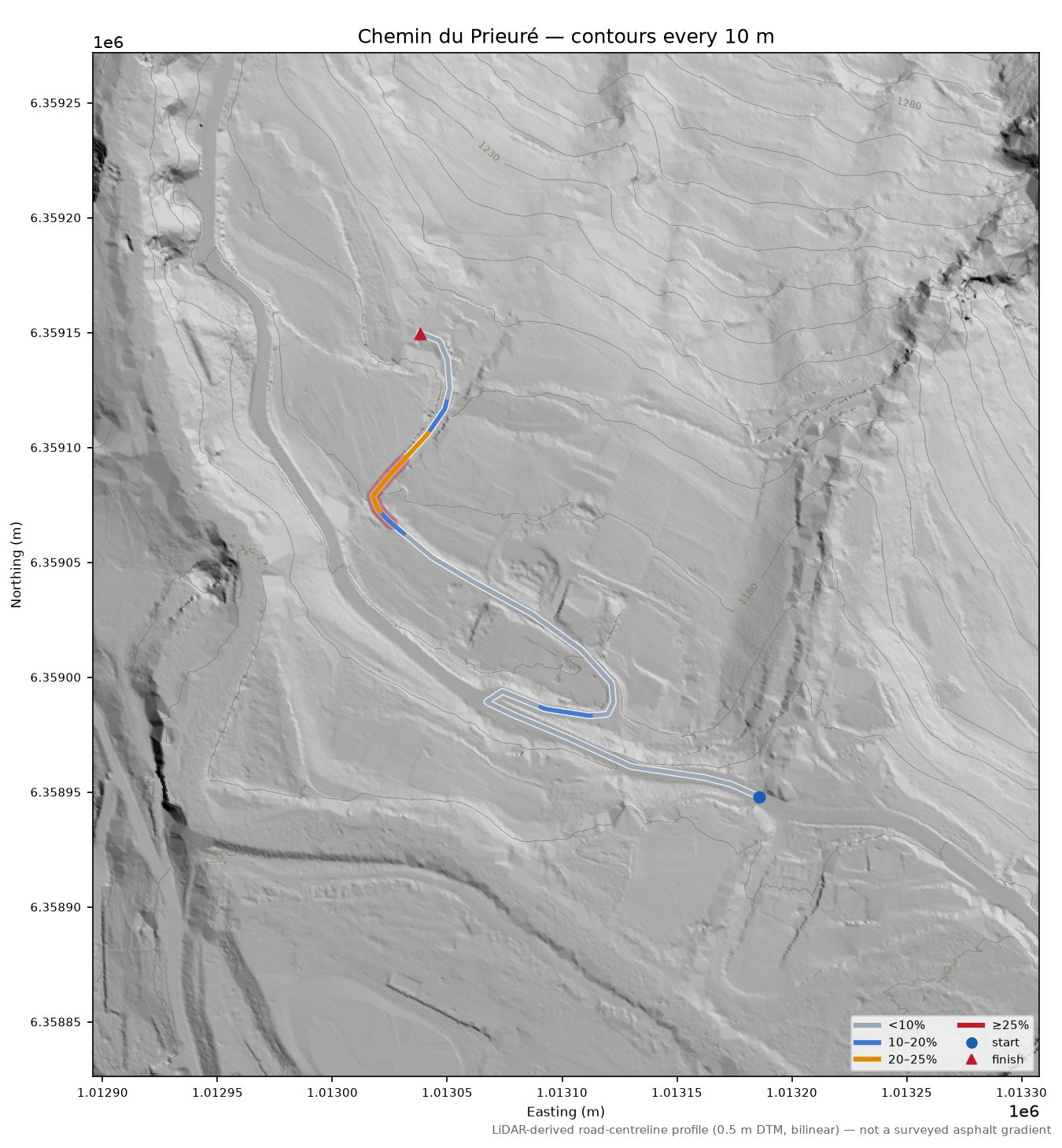 Chemin du Prieuré LiDAR hillshade map with contours