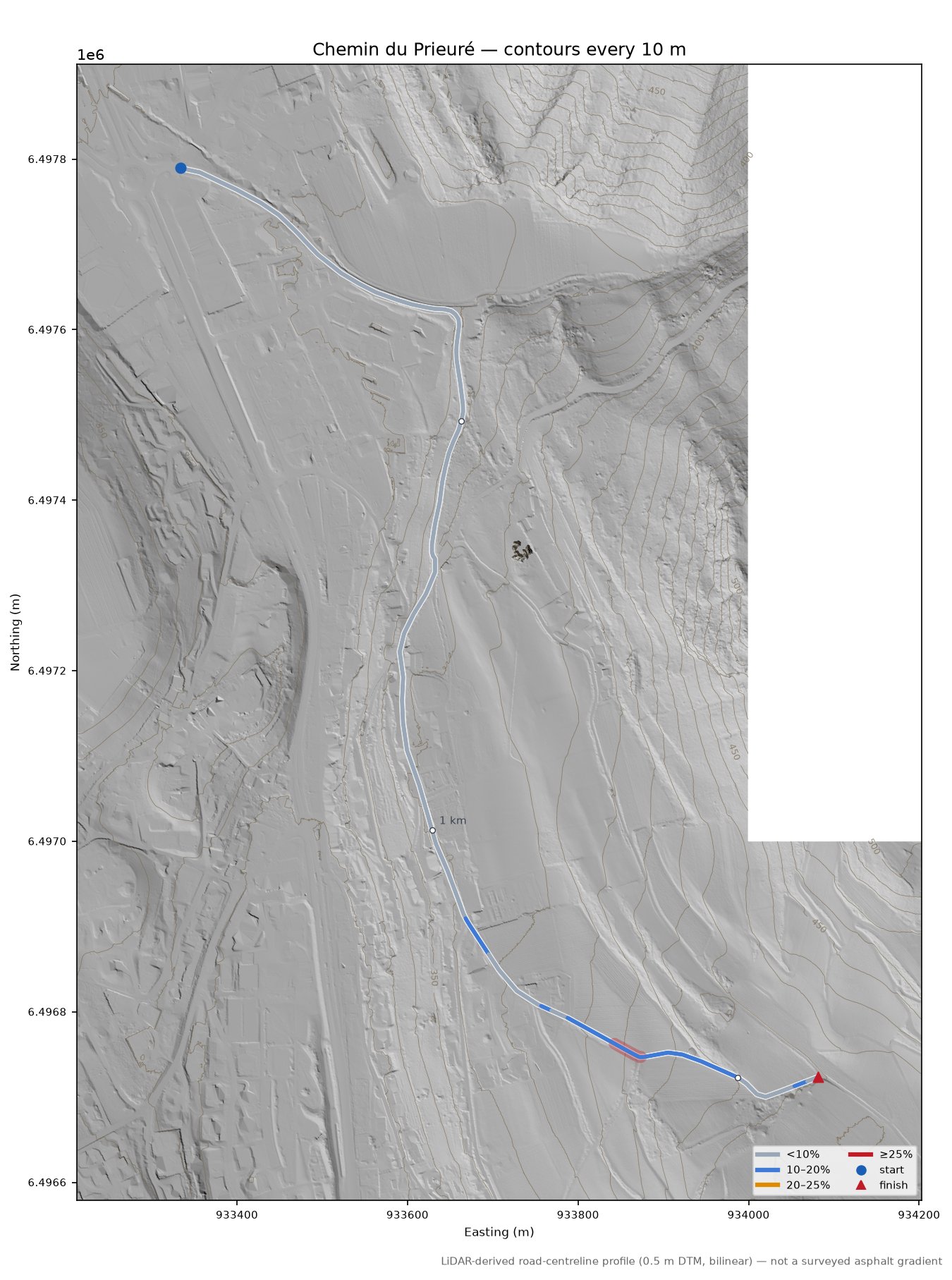 Chemin du Prieuré LiDAR hillshade map with contours