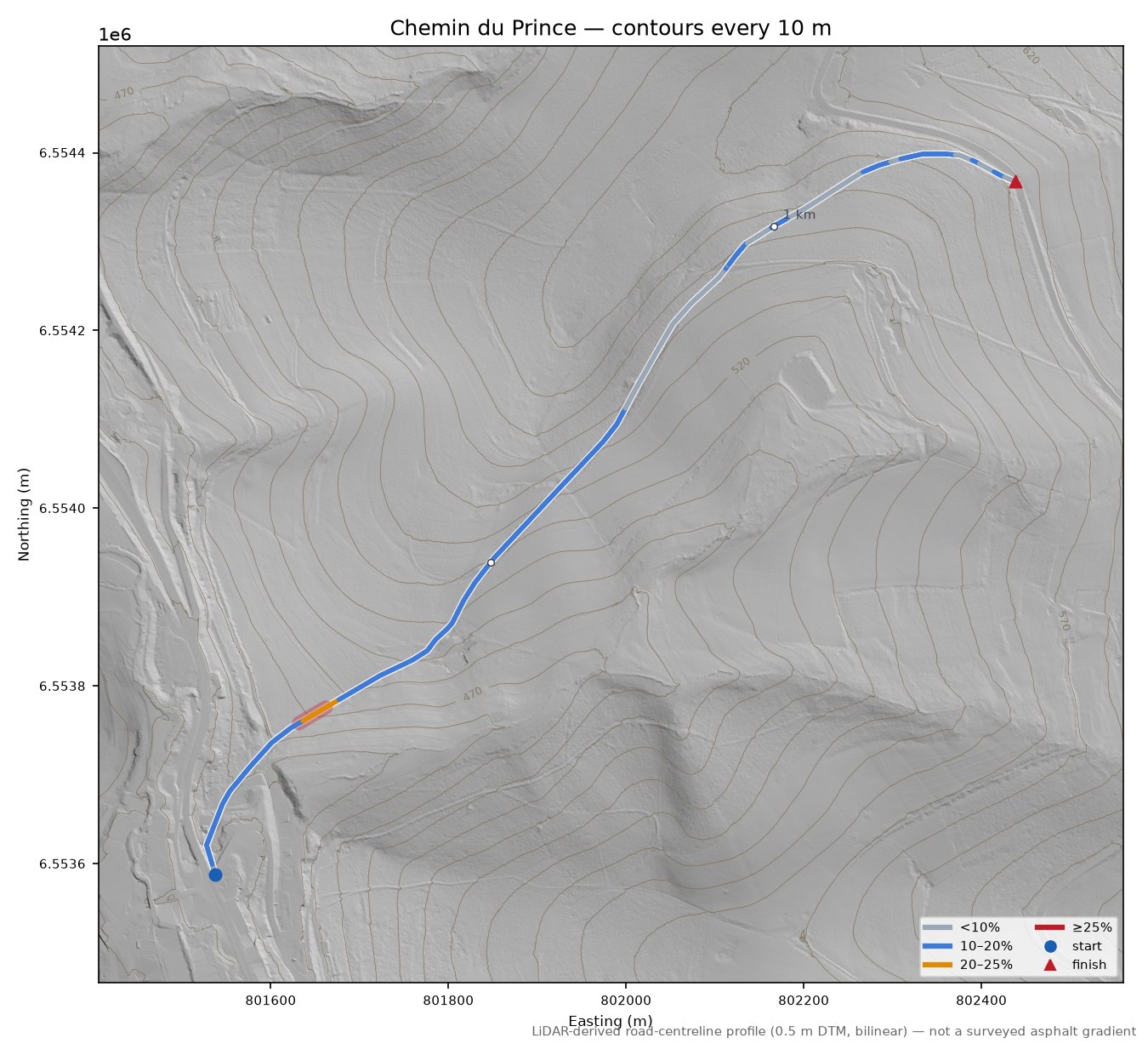 Chemin du Prince LiDAR hillshade map with contours