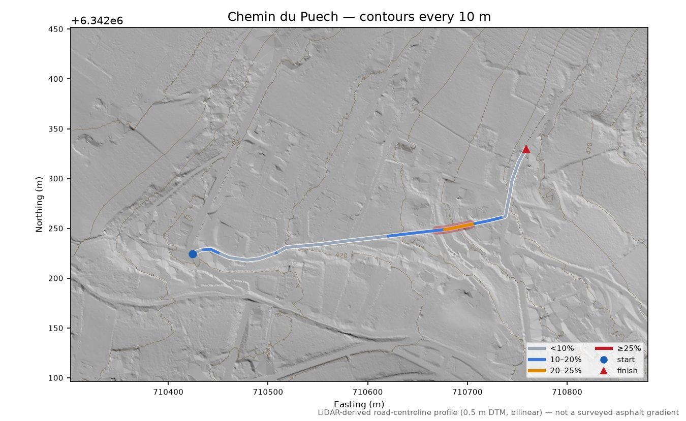 Chemin du Puech LiDAR hillshade map with contours