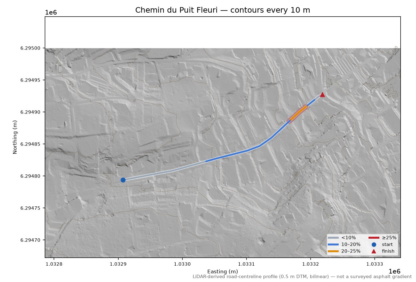 Chemin du Puit Fleuri LiDAR hillshade map with contours