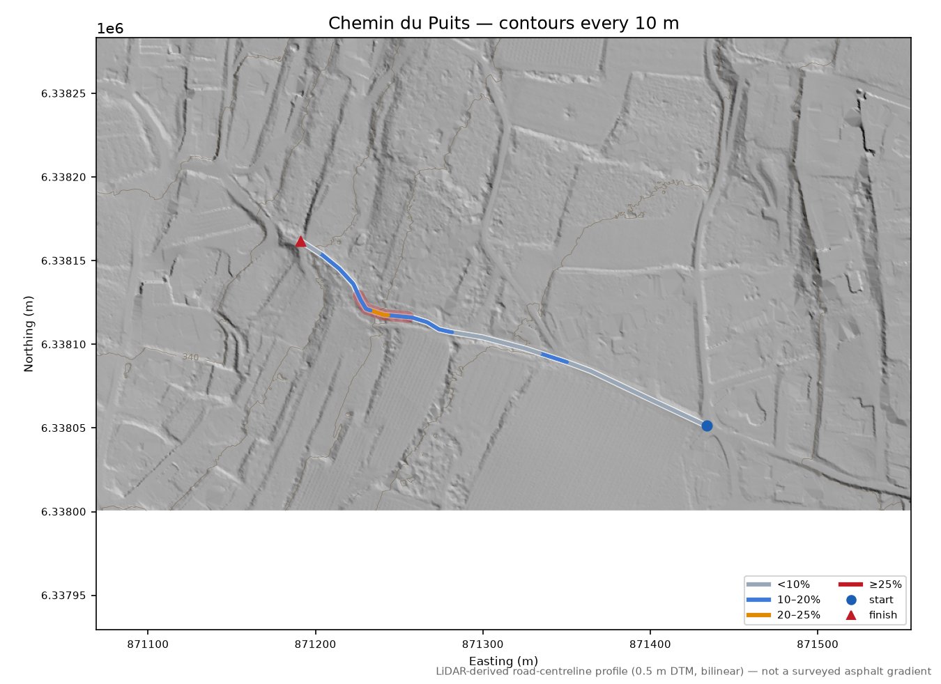 Chemin du Puits LiDAR hillshade map with contours
