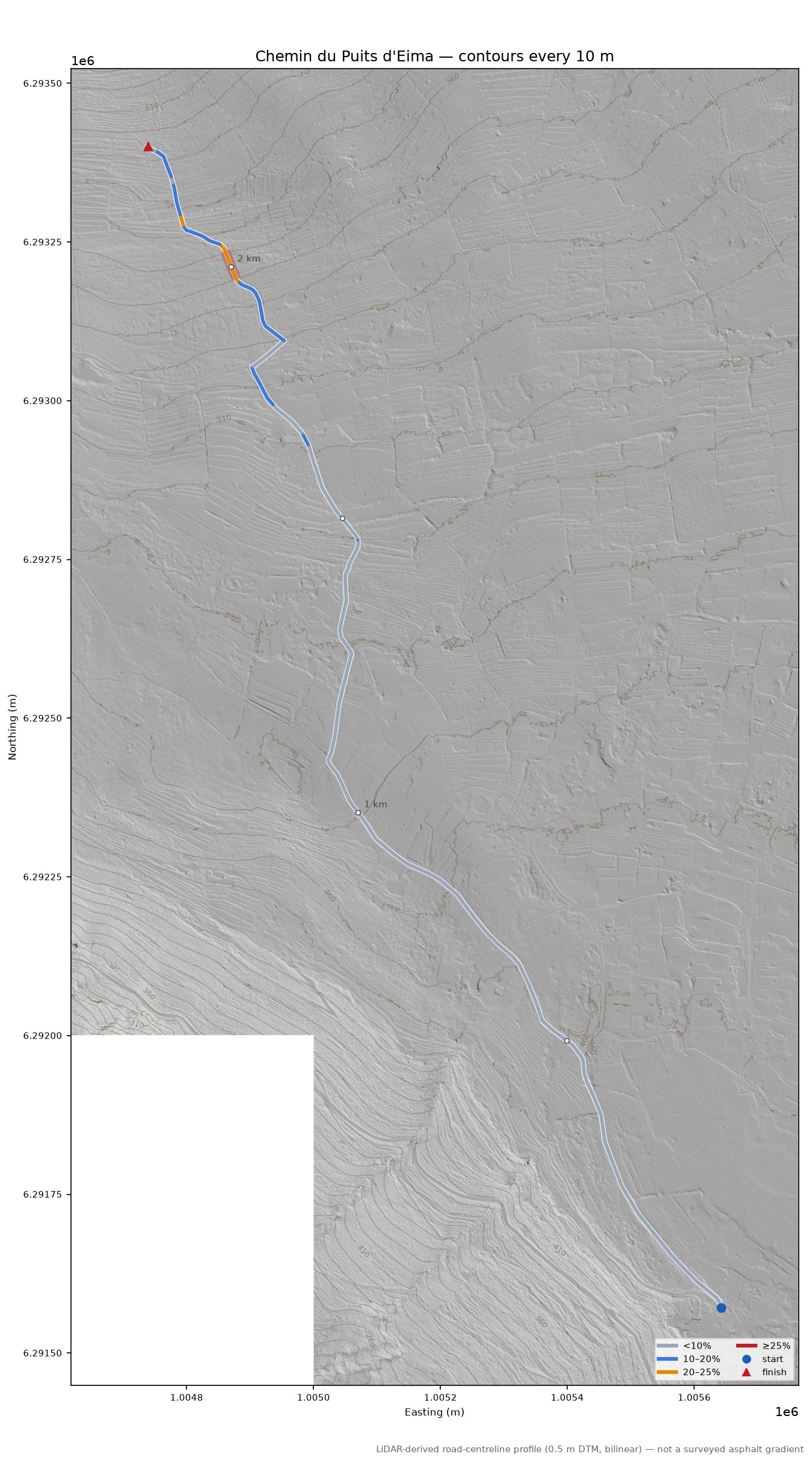 Chemin du Puits d'Eima LiDAR hillshade map with contours