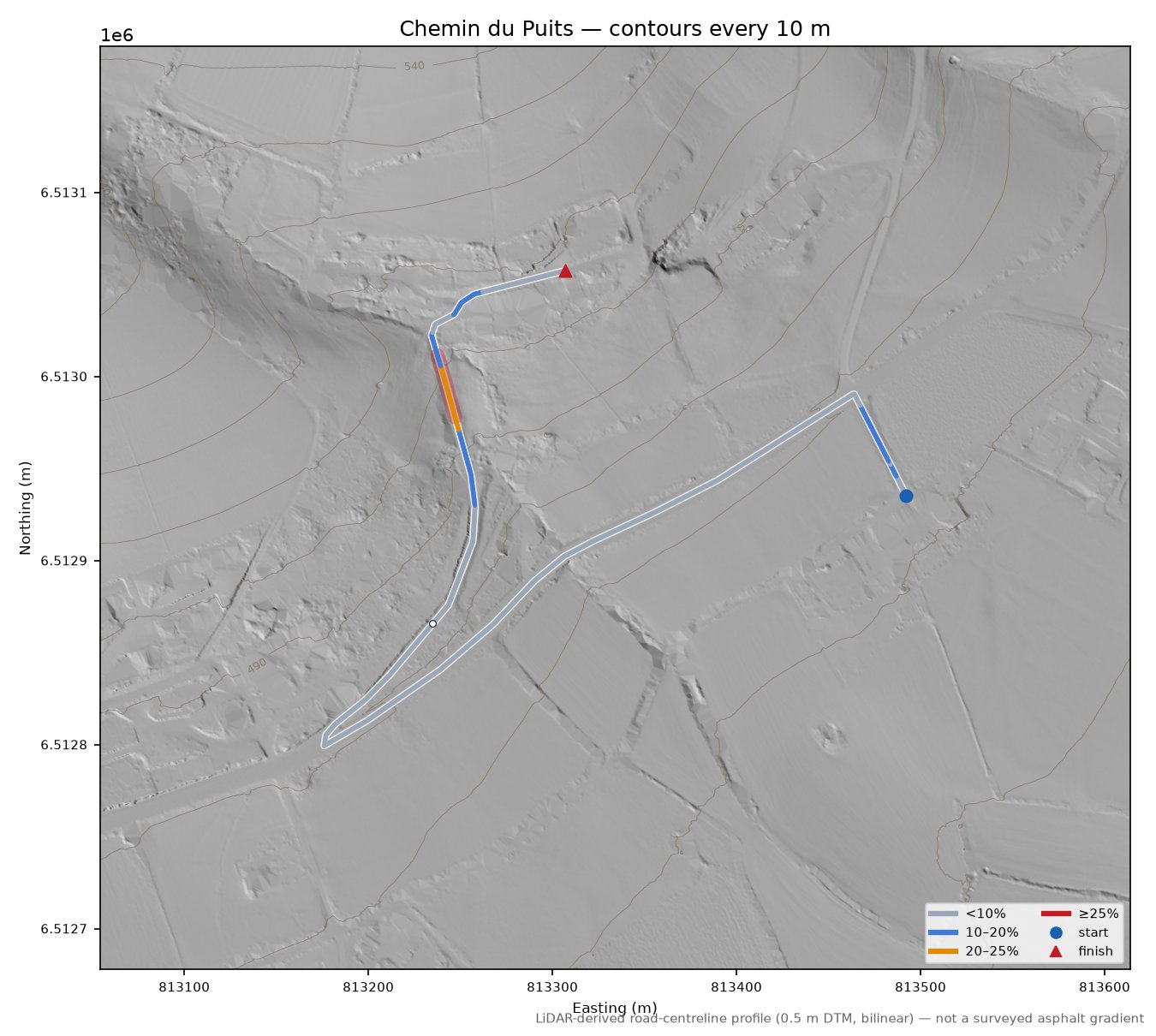 Chemin du Puits LiDAR hillshade map with contours