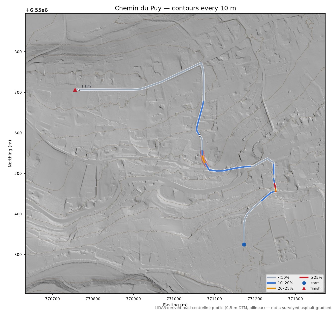 Chemin du Puy LiDAR hillshade map with contours