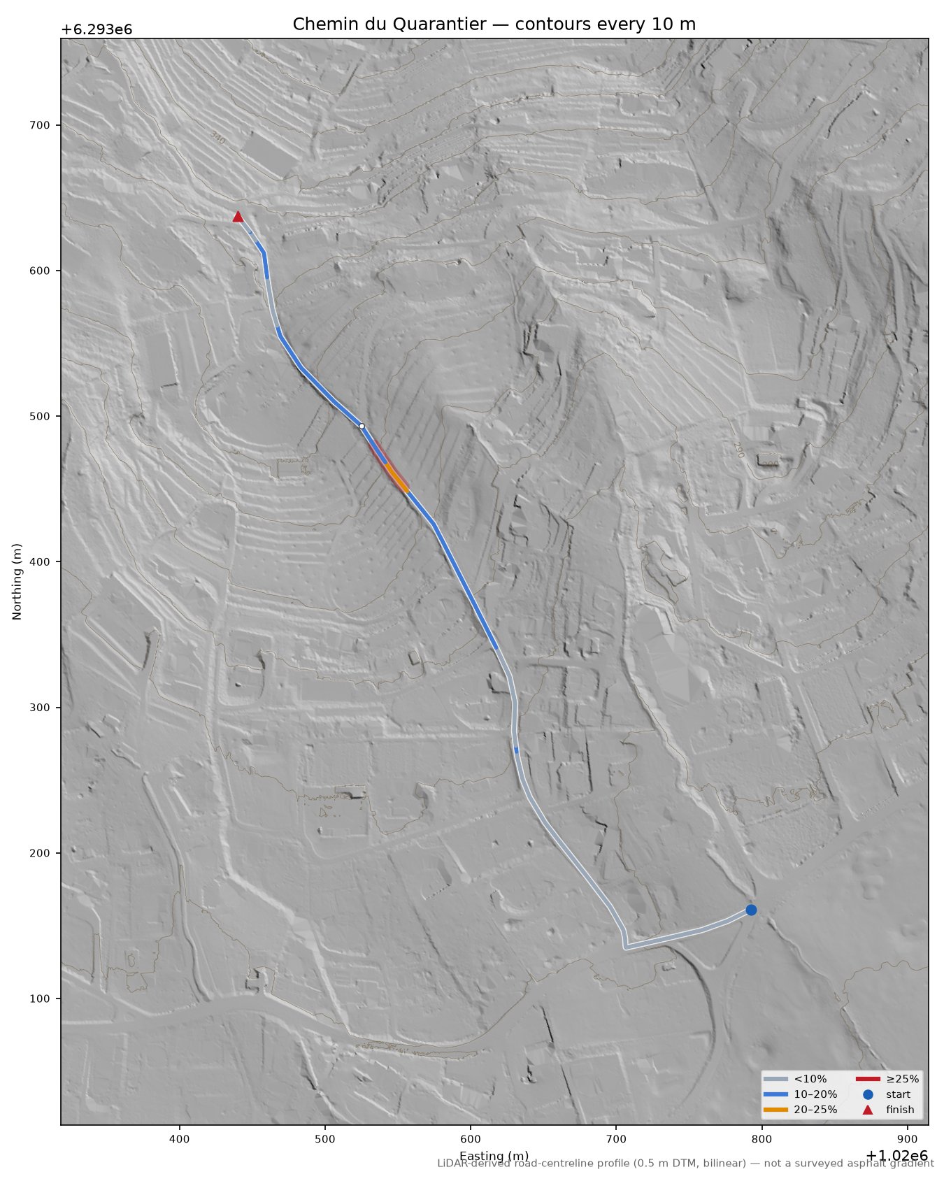 Chemin du Quarantier LiDAR hillshade map with contours
