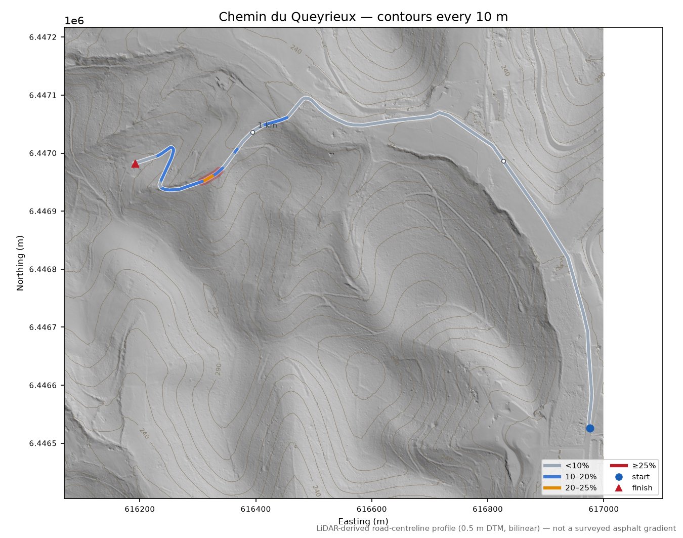 Chemin du Queyrieux LiDAR hillshade map with contours