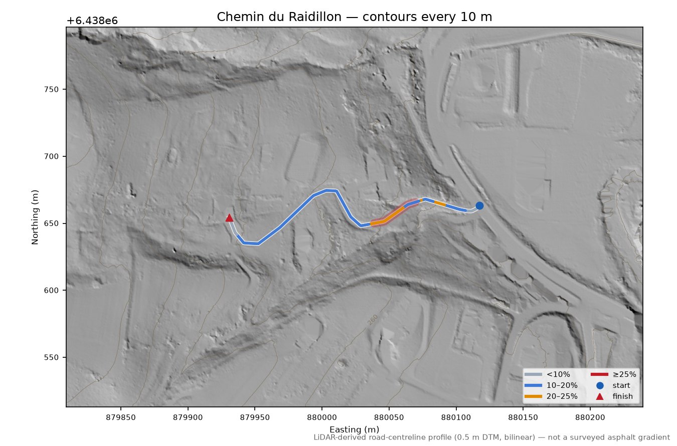Chemin du Raidillon LiDAR hillshade map with contours