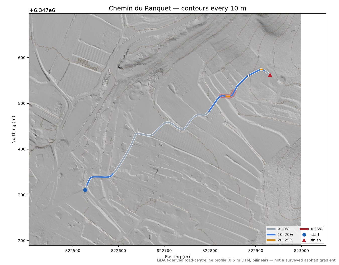 Chemin du Ranquet LiDAR hillshade map with contours