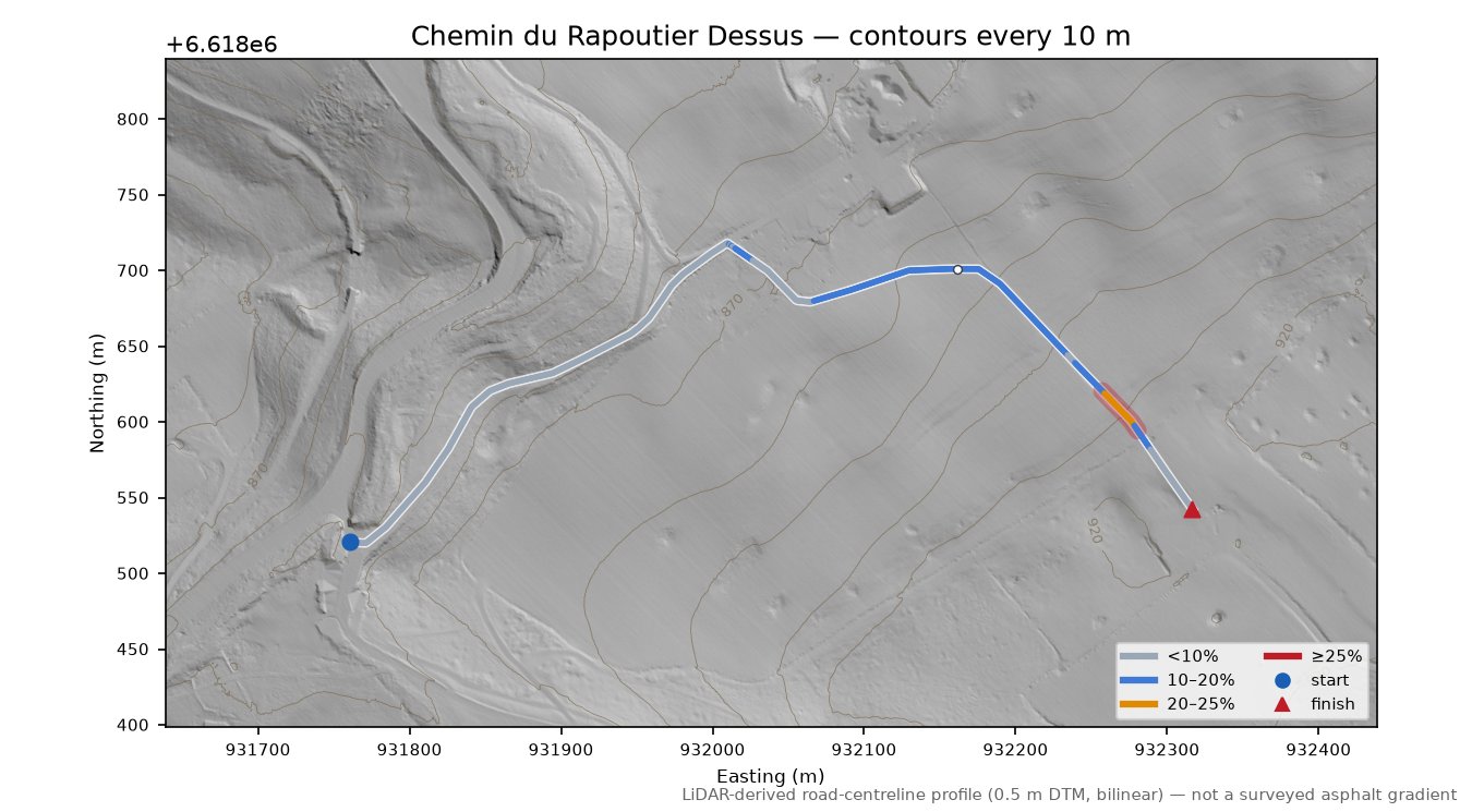 Chemin du Rapoutier Dessus LiDAR hillshade map with contours