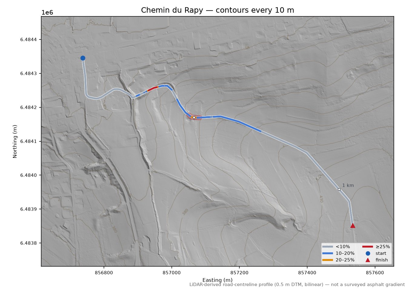 Chemin du Rapy LiDAR hillshade map with contours