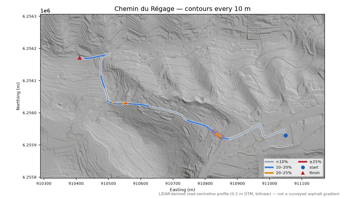 Chemin du Régage LiDAR hillshade map with contours