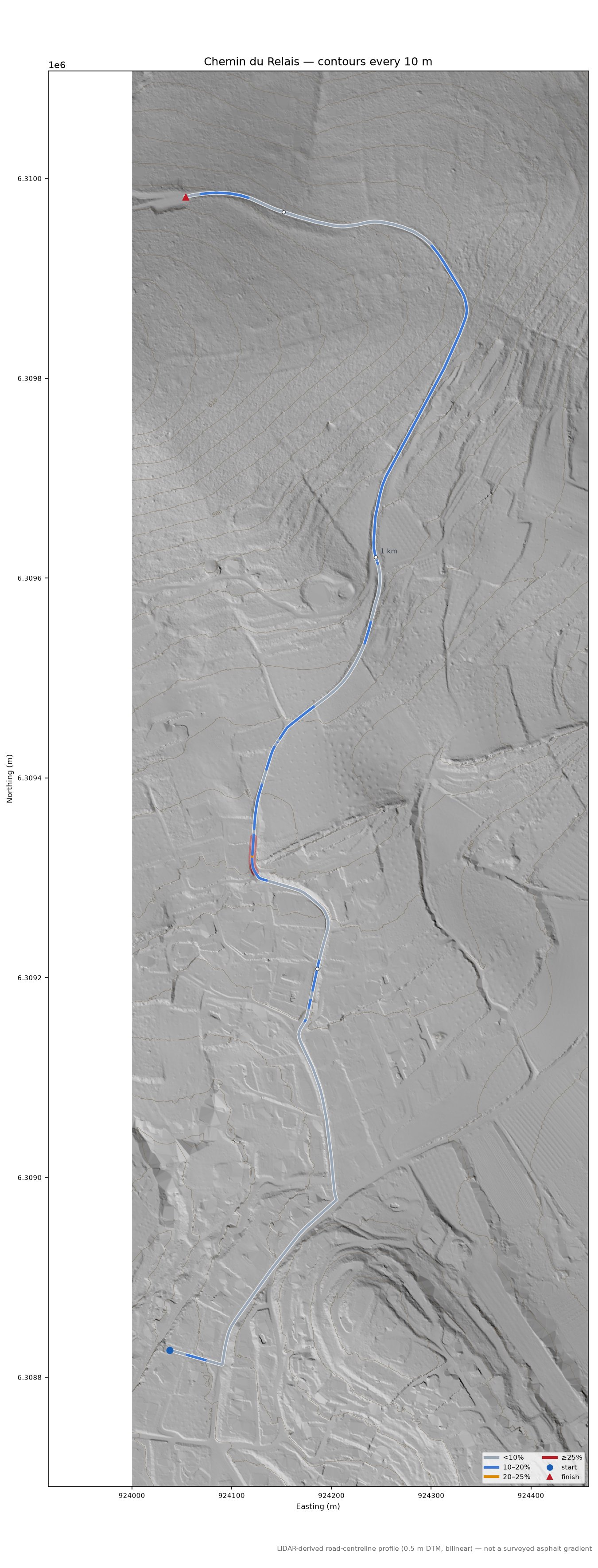 Chemin du Relais LiDAR hillshade map with contours