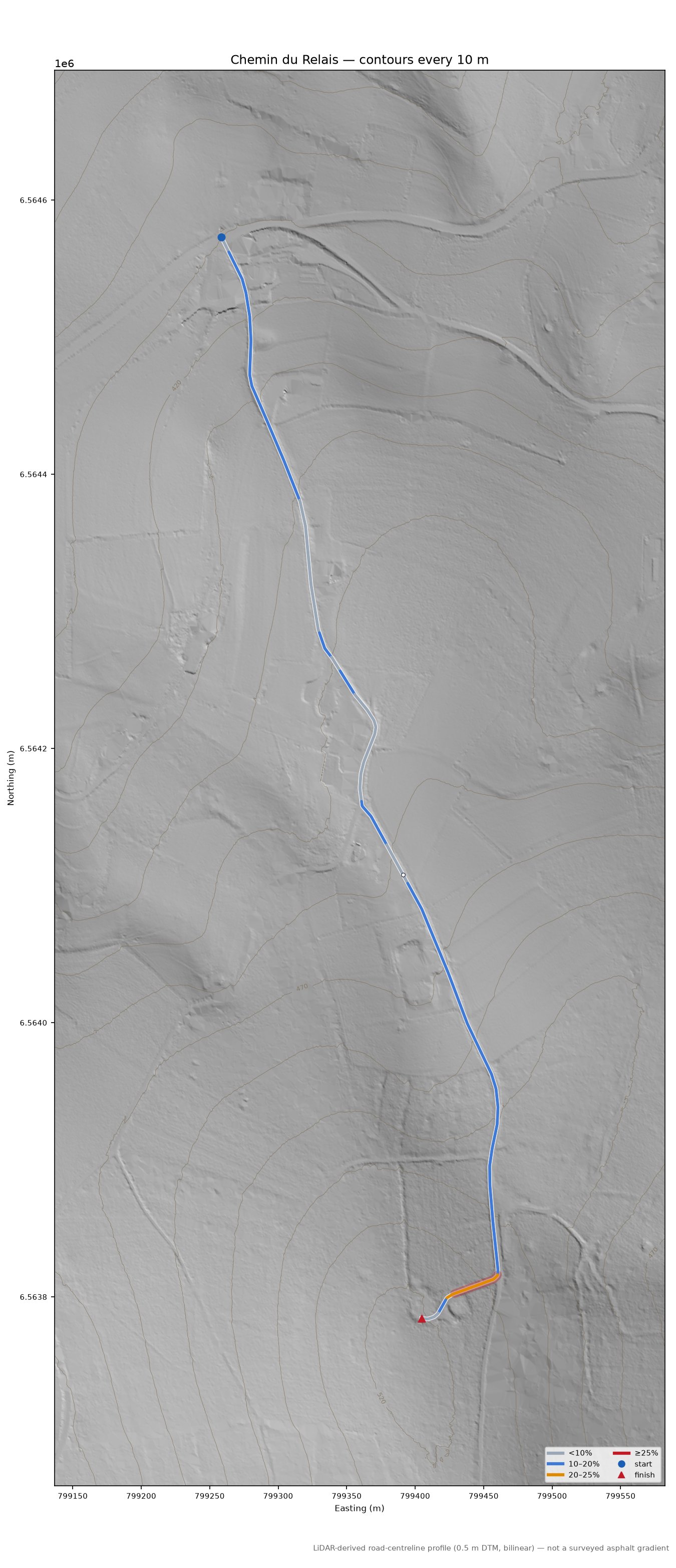 Chemin du Relais LiDAR hillshade map with contours