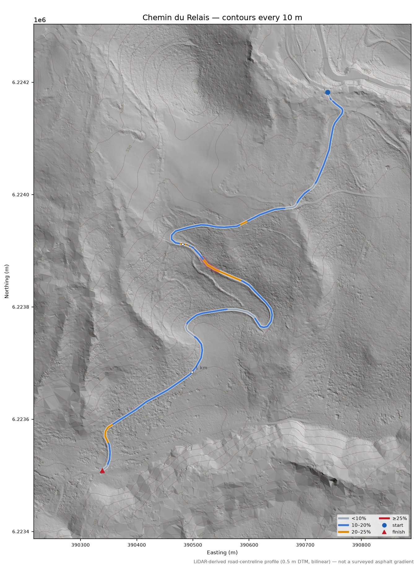 Chemin du Relais LiDAR hillshade map with contours