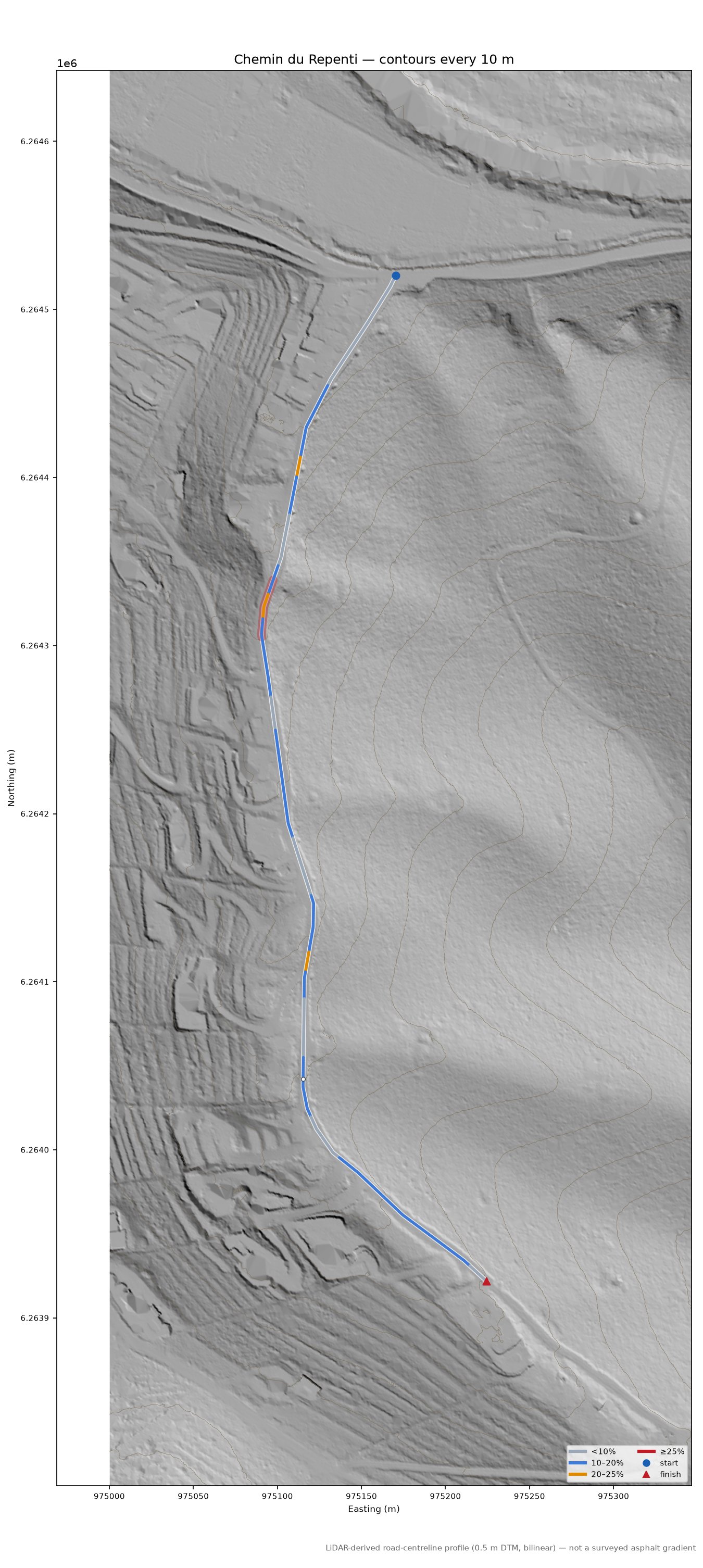 Chemin du Repenti LiDAR hillshade map with contours