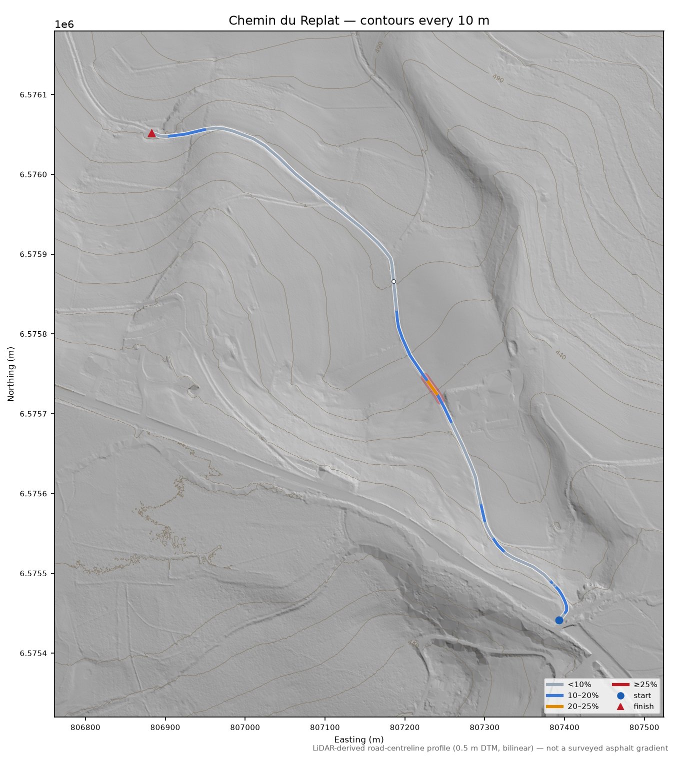 Chemin du Replat LiDAR hillshade map with contours