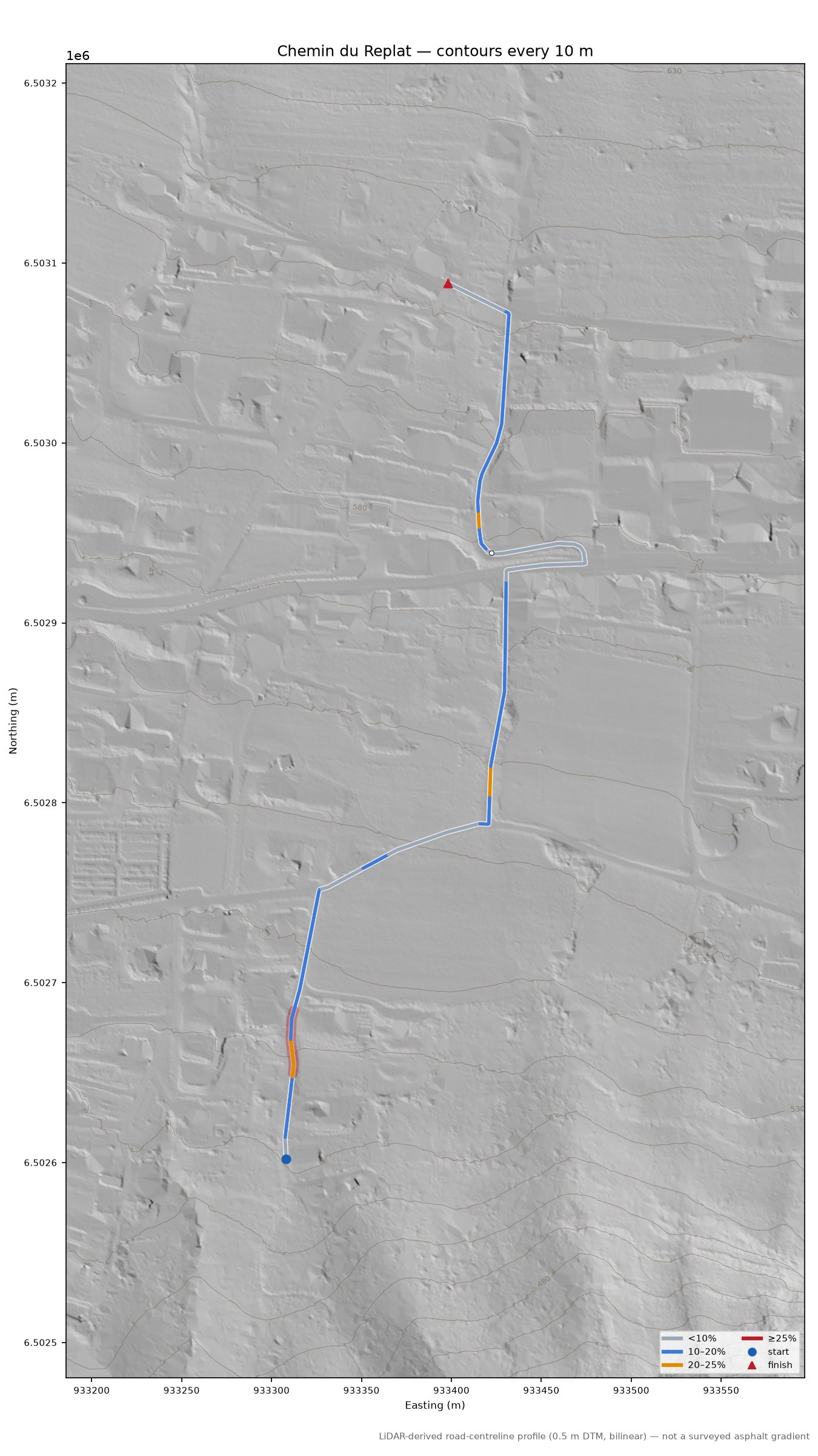 Chemin du Replat LiDAR hillshade map with contours