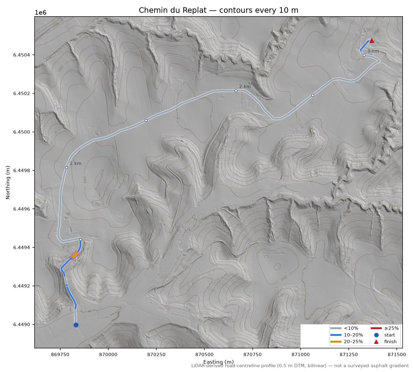 Chemin du Replat LiDAR hillshade map with contours