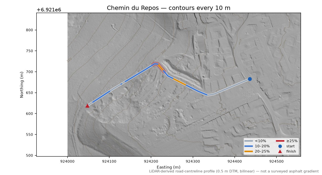 Chemin du Repos LiDAR hillshade map with contours