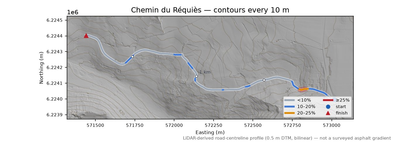 Chemin du Réquiès LiDAR hillshade map with contours