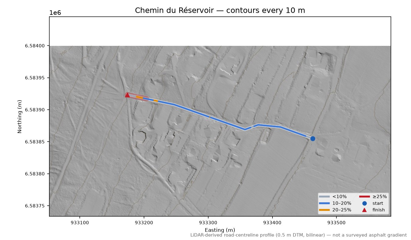 Chemin du Réservoir LiDAR hillshade map with contours